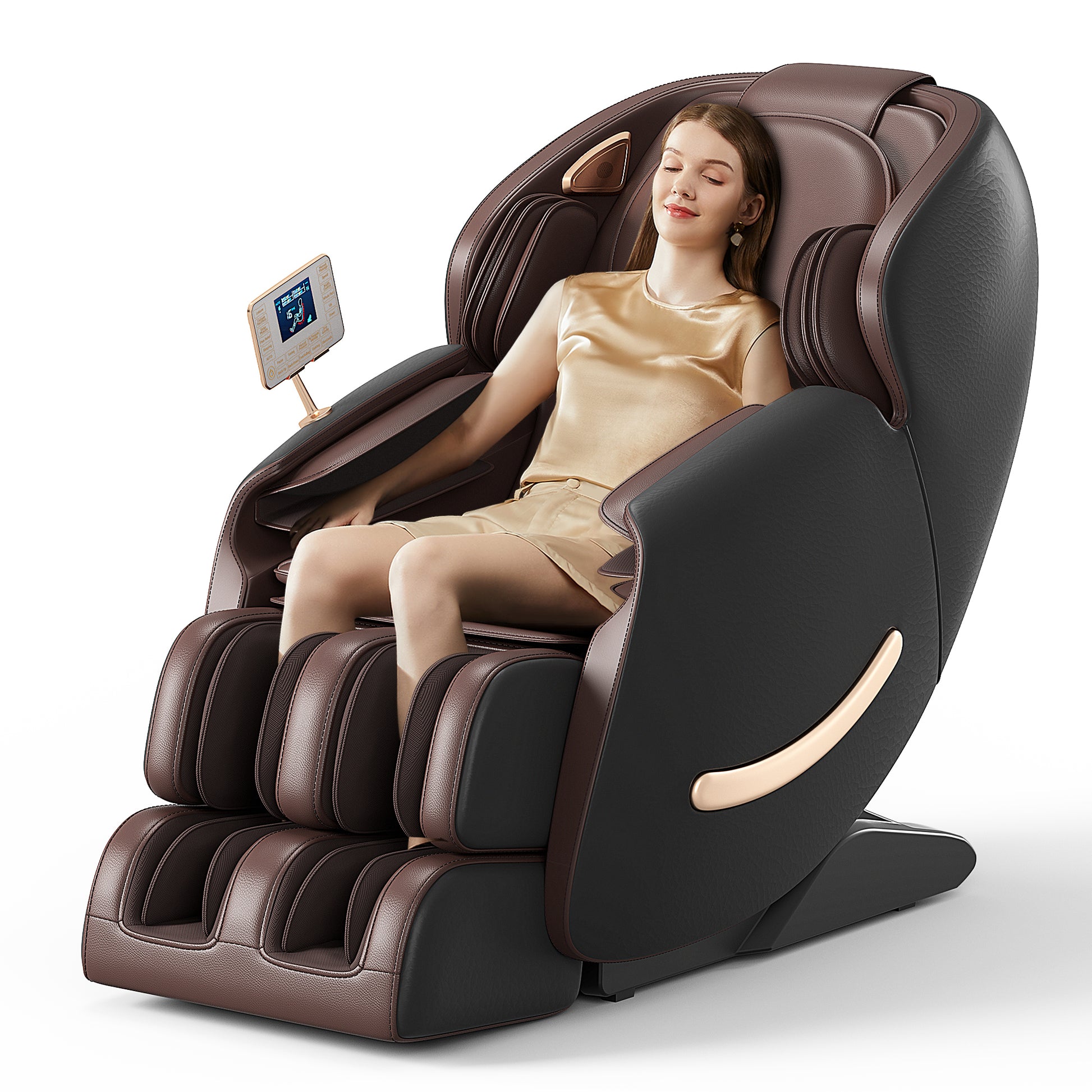 Deluxe Massage Chair, Full Body Zero Gravity Recliner With Ai Voice Control, Sl Track, Bluetooth, Foot Rollers, Airbags, Heating Black Black Brown Faux Leather Power Remote Primary Living Space Medium Duty Luxury,Modern Push Button Polyurethane Foam Abs