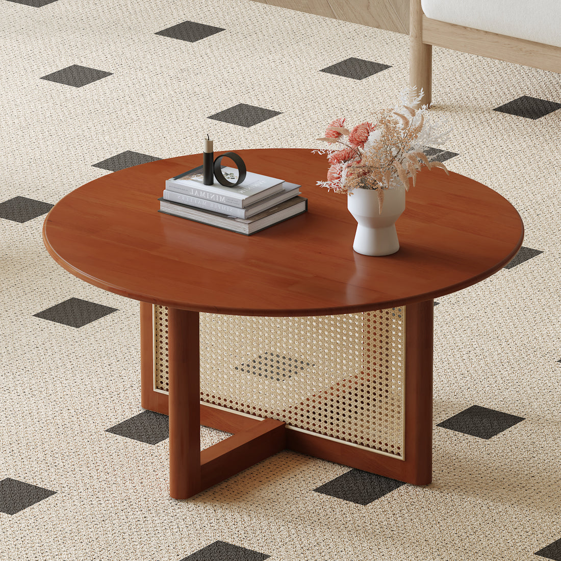 A Natural And Elegant Deep Red Wooden Coffee Table With Artificial Rattan Decorations, Perfect For A Fashionable Living Room And Comfortable Tea Drinking Time Red Wood