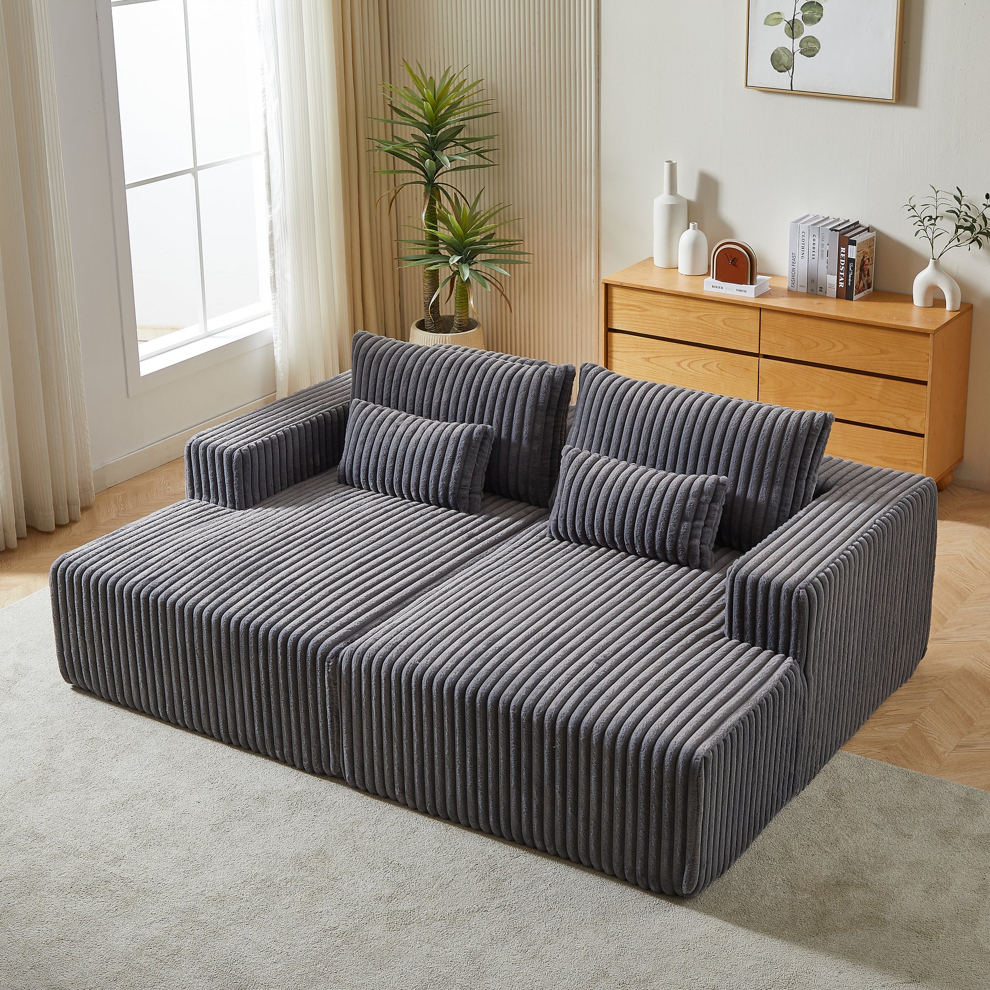 87" Oversized Sectional Lounge Chaise ,No Assembly Required,Cloud Plush Loveseat With Reclining Sofa Bed,Fluffy Modern Sleeper Chair For Indoor Living Room Bedroom Grey Corduroy 2 Seat