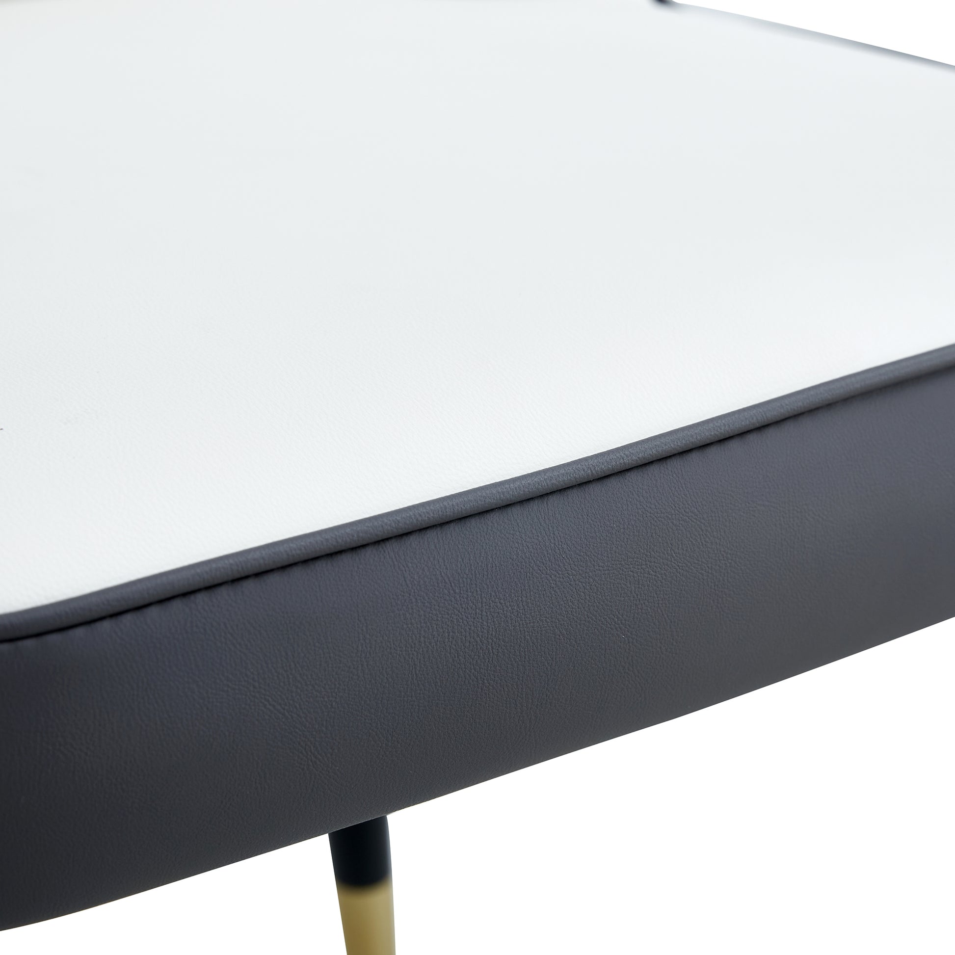 Table And Chair Set.The Table Has A Glass Top With Imitation Marble Pattern Stickers And Stainless Steel Golden Legs. Paried With Chairs With Pu Artificial Leather Backrest Cushions And Black Legs. White Gold Seats 6 Glass Metal