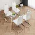 Modern Simple Rectangular Glass Dining Table, Solid Tempered Glass Countertop, Wood Transfer Metal Table Legs, White Pu Dining Chair Set, Suitable For Restaurant Kitchen Use Set Of 5 Upholstered Chair Glass White Pu Seats 4 Metal Rectangular Dining Table