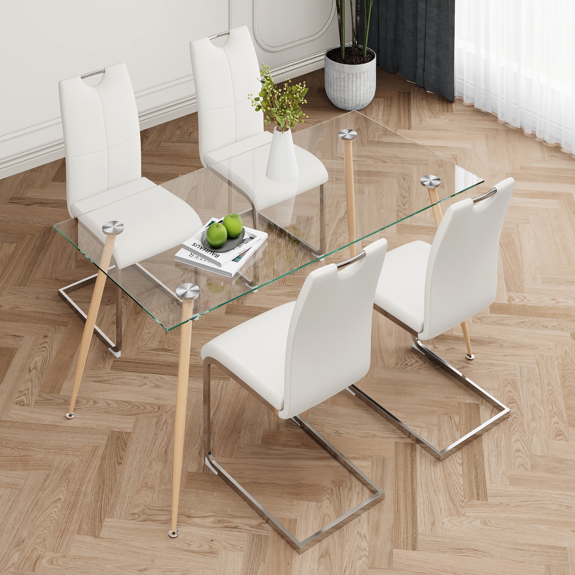 Modern Simple Rectangular Glass Dining Table, Solid Tempered Glass Countertop, Wood Transfer Metal Table Legs, White Pu Dining Chair Set, Suitable For Restaurant Kitchen Use Set Of 5 Upholstered Chair Glass White Pu Seats 4 Metal Rectangular Dining Table