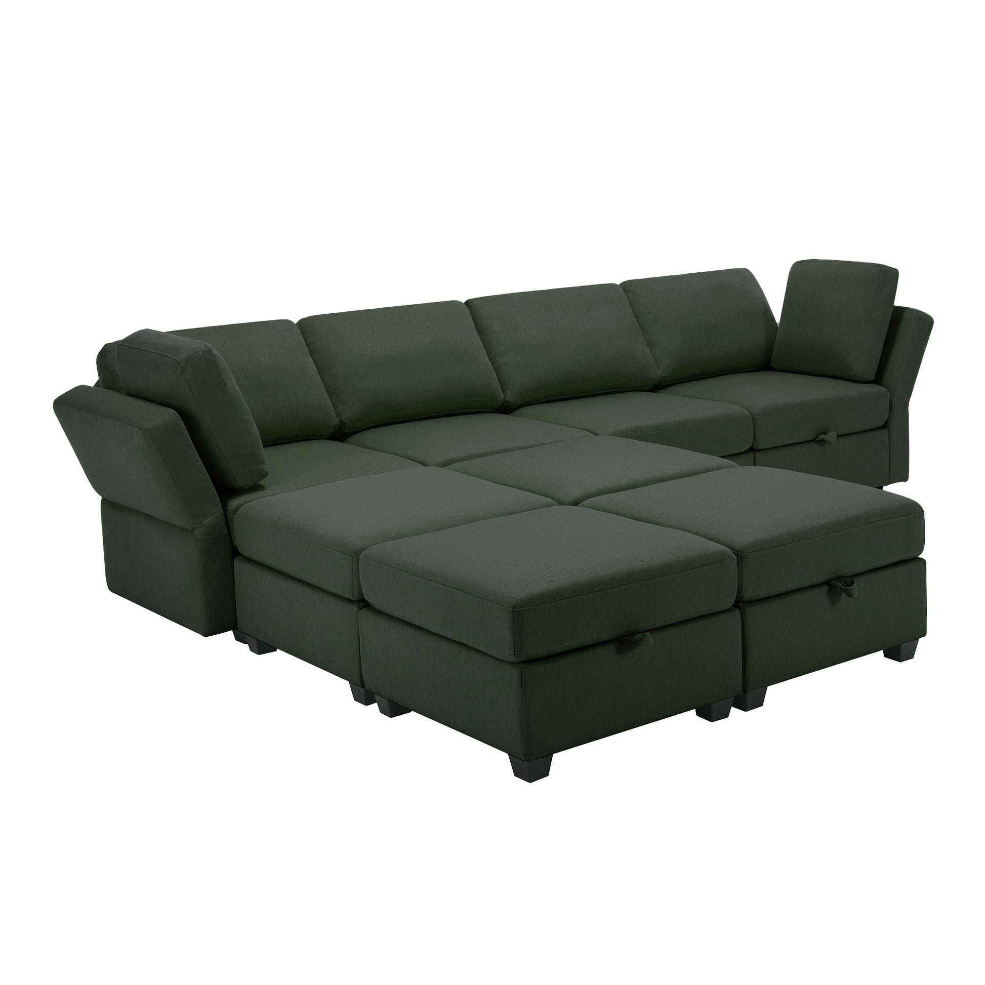 Modular Convertible U Shaped Sectional Sofa Couch With Storage Ottoman Corner Couch For Living Room, Adjustable Arms And Backs Green Green Polyester 4 Seat