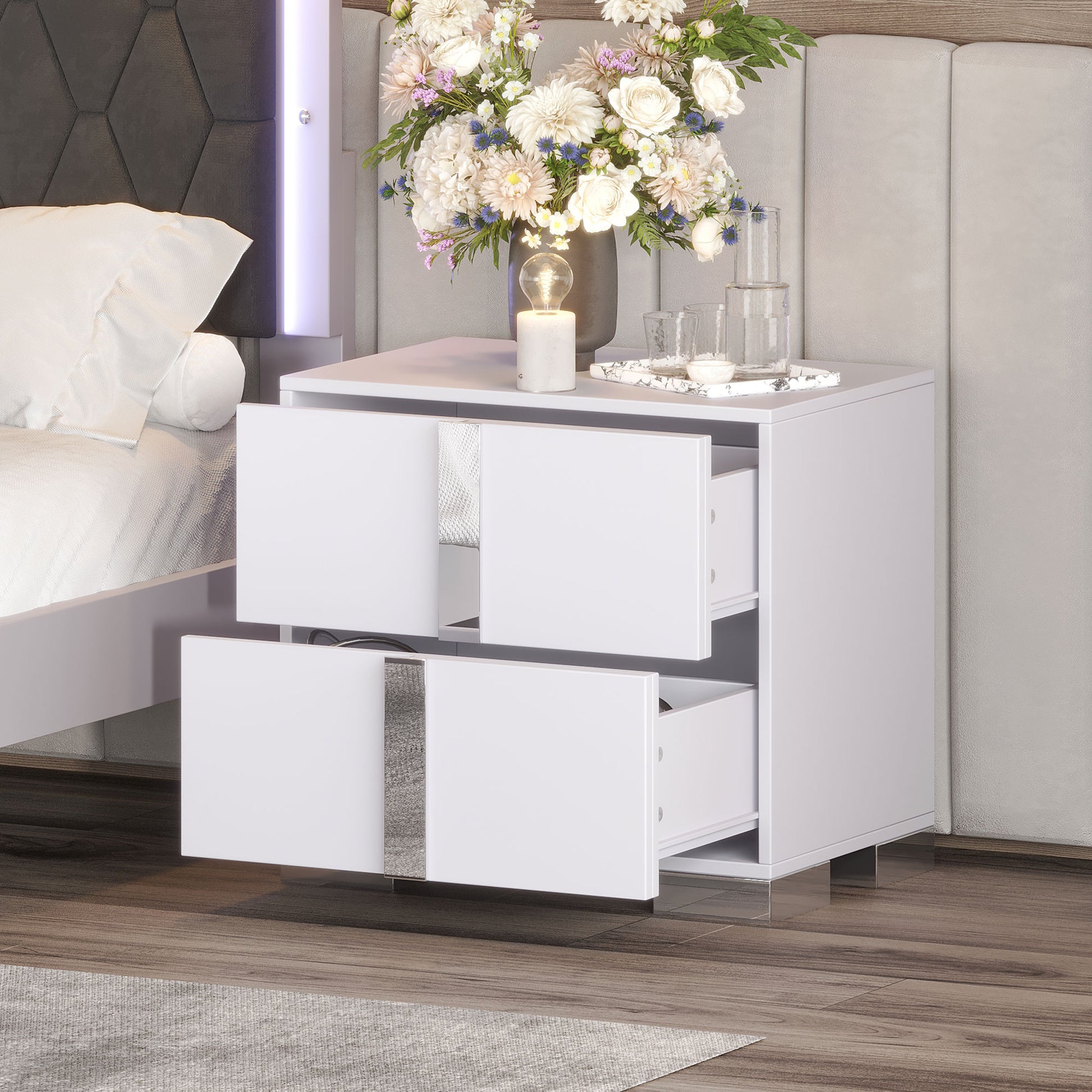 Elegant Nightstand With Metal Handle,Mirrored Bedside Table With 2 Drawers For Bedroom,Living Room,White White 2 Drawers Mdf Metal