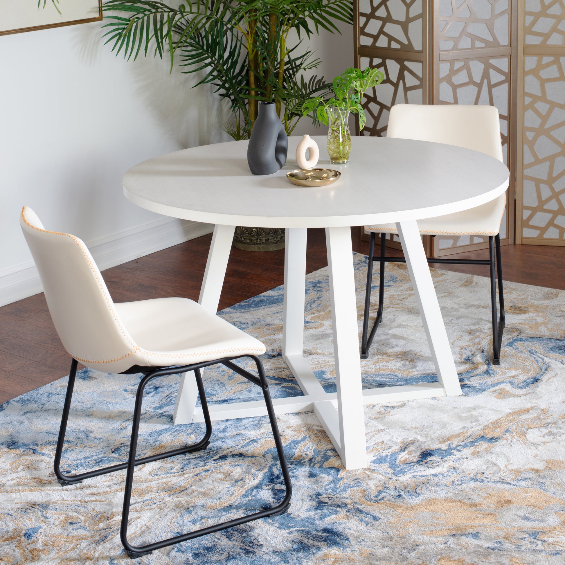 Varna 3 Piece Round Dining Set, Trestle Dining Table With 2 Stylish Chairs Wood White Seats 2 White Wood Fixed Table Rubberwood Round Round Dining Table With Chair Mdf Metal
