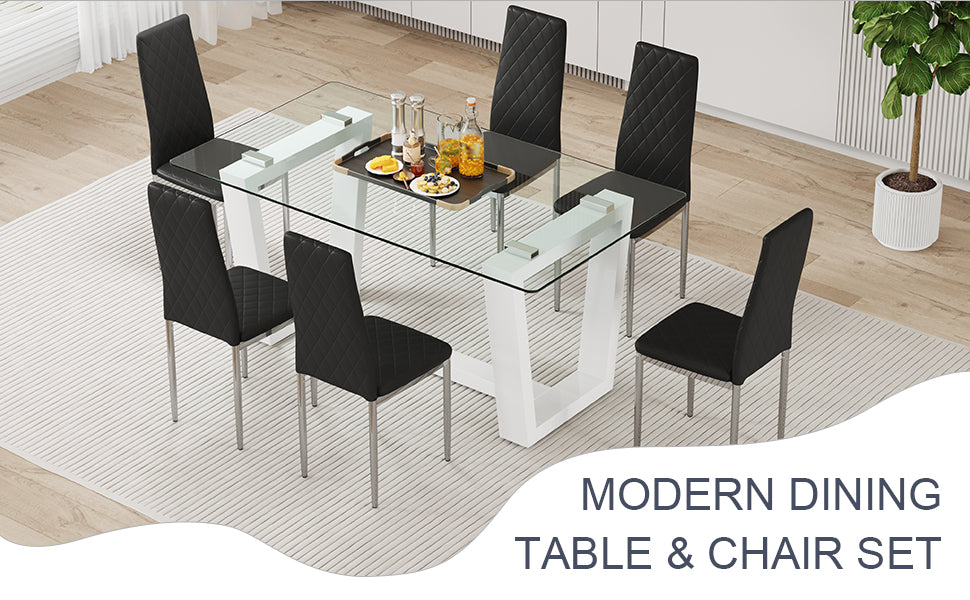 Table And Chair Set.A Rectangular Dining Table Features With Tempered Glass Top And Sleek White Mdf Stand.Paried With 6 Pu Chairs With Checkered Armless High Back And Electroplated Metal Legs. Black,White Seats 6 Mdf Glass