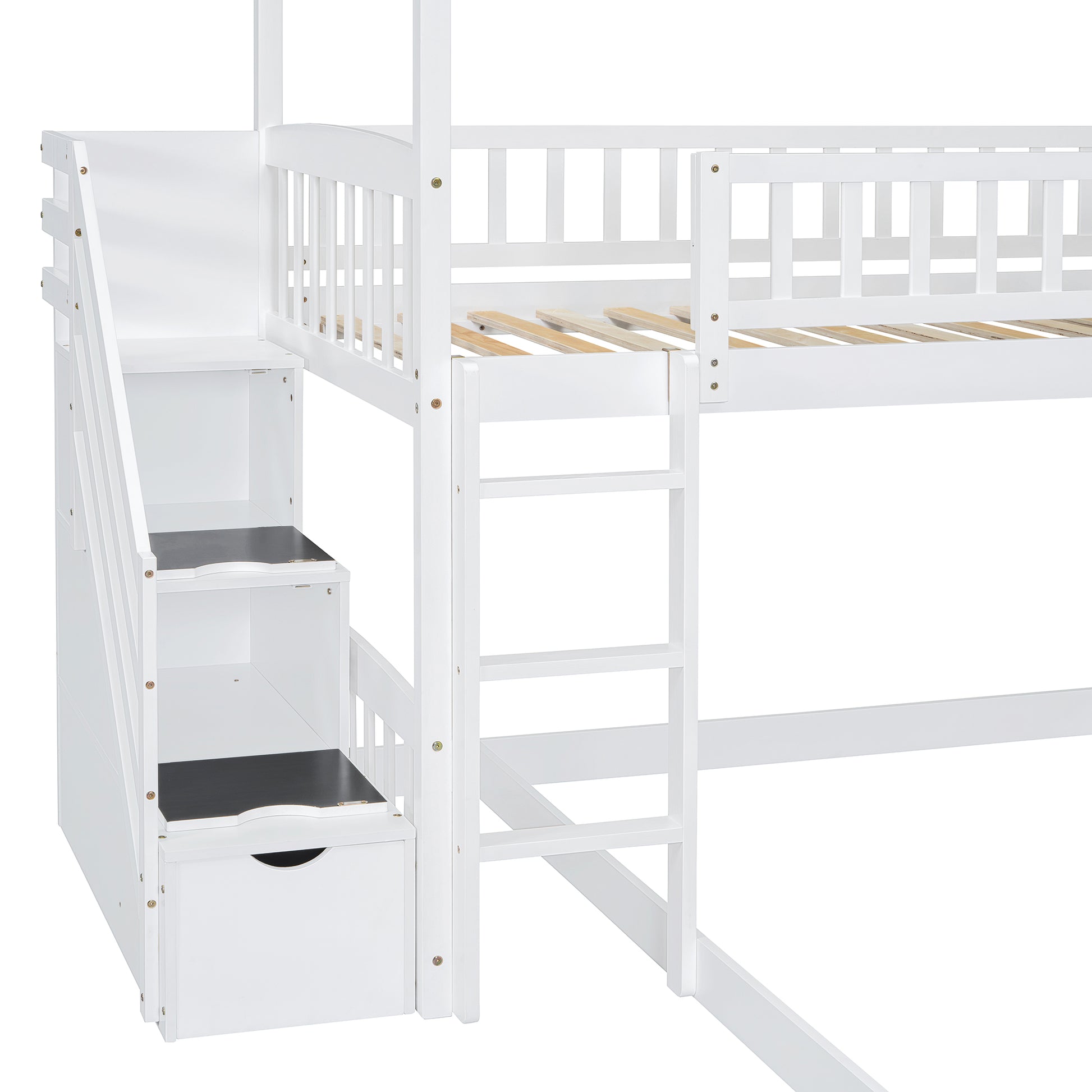 Twin Over Twin Bunk Bed With Two Drawers And Slide, House Bed With Slide, White Old Sku :Lt000129Aak White Pine