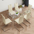 Modern Simple Rectangular Glass Dining Table, Solid Tempered Glass Tabletop, Electroplated Table Legs, Light Yellow Pu Dining Chair Set, Suitable For Restaurant Kitchen Use Set Of 7 Upholstered Chair Glass Light Yellow Seats 6 Metal Rectangular Dining