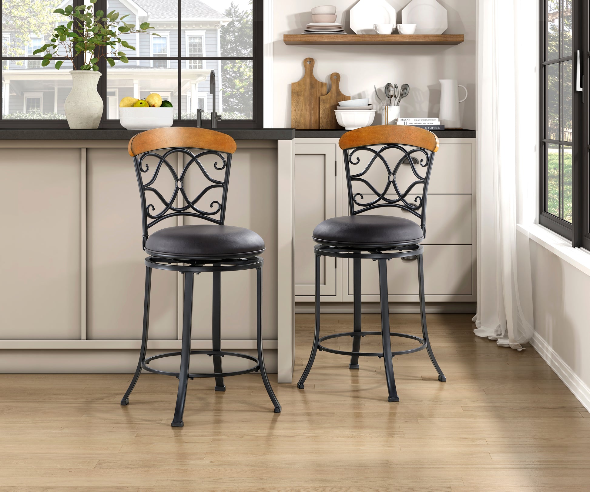 1Pc Counter Height Swivel Chair Faux Leather Upholstered Black Metal Frame Dining Furniture Black Dining Room Metal