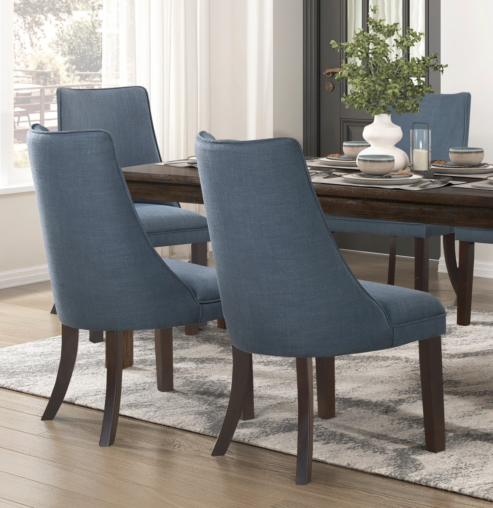 Blue Textured Fabric Upholstered Side Chairs Set Of 2, Dark Walnut Finish Wooden Legs Modern Dining Kitchen Furniture Blue Gray Dining Room Modern Side Chair Wood