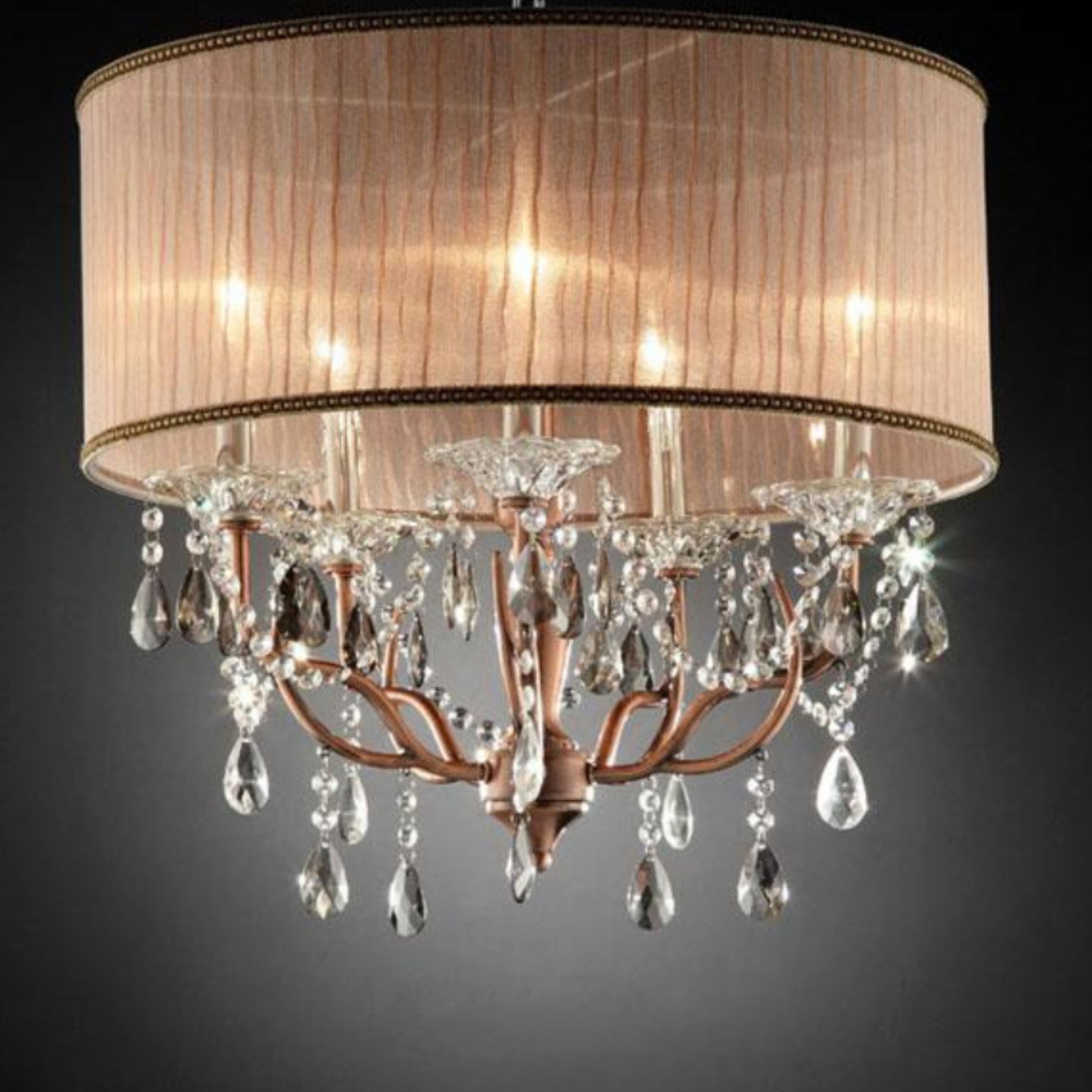 25" Tall Ceiling Lamp "Rosie" W Silvery Pink Finish And Crystal Accents, Shade Brown Metal