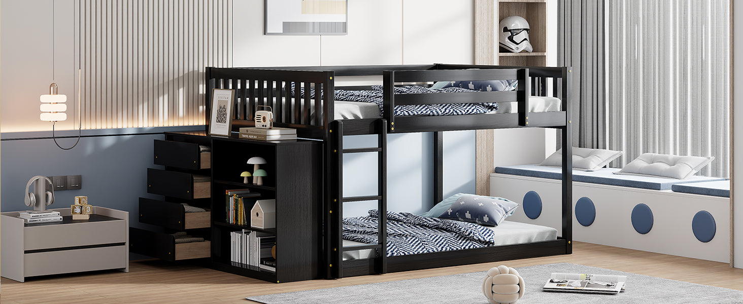 Full Over Full Bunk Bed With 4 Drawers And 3 Shelves Espresso Full Espresso Solid Wood