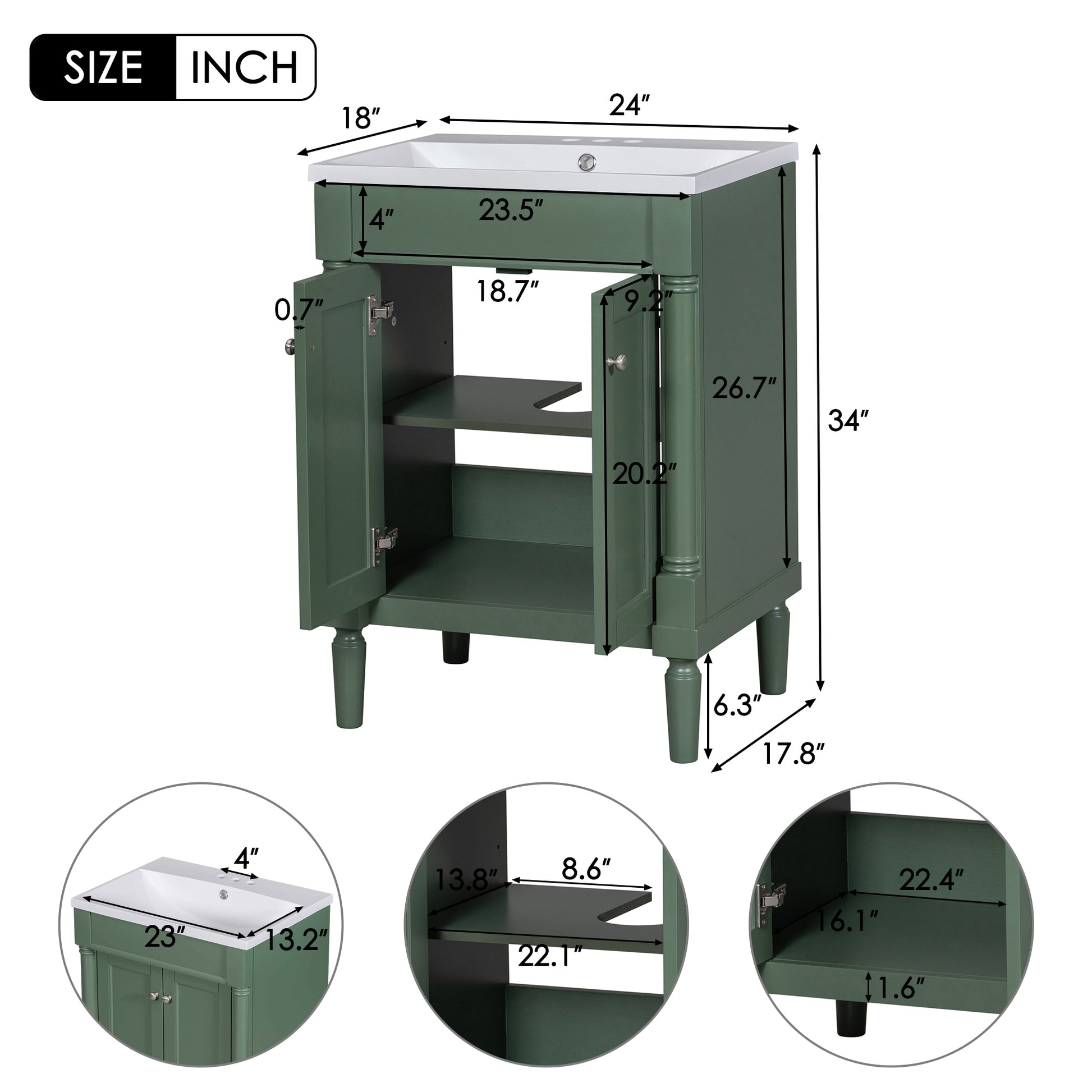 24'' Bathroom Vanity With Top Sink, 2 Tier Modern Bathroom Storage Cabinet, Single Sink Bathroom Vanity, Large Storage Shelves Green Mdf