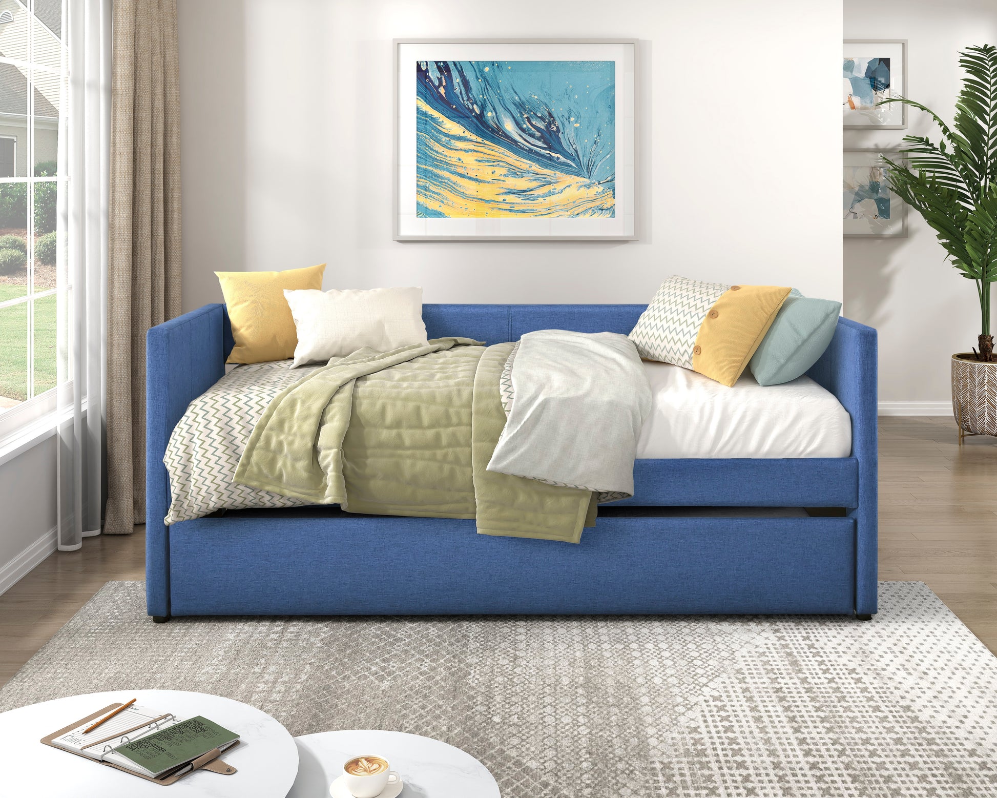 1Pc Daybed With Trundle Blue Fabric Upholstery Wooden Frame Modern Home Furniture Box Spring Not Required Blue Wood Primary Living Space Modern,Transitional Polyester Engineered Wood,Wood