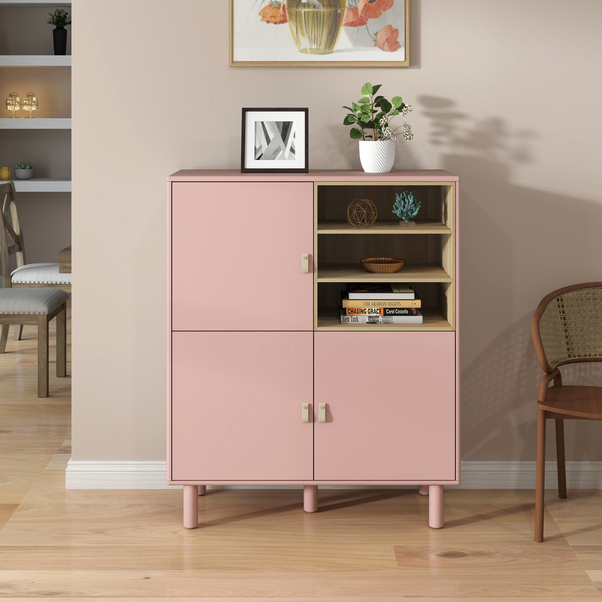 Storage Cabinet With Door, Multifunctional Storage Cabinet, Modern Sideboard Cabinet, Wooden Storage Cabinet, Leather Handle Drawer Cabinet, Home Storage Cabinet, Office Cabinet Pink Solid Wood Mdf