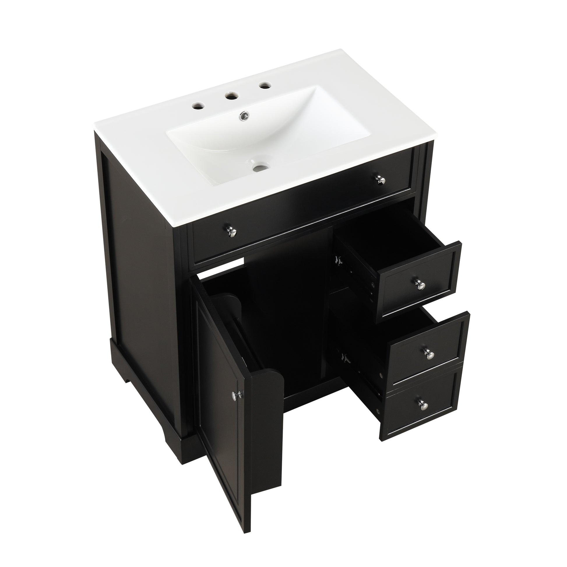 30" Bathroom Vanity With Sink Top, Bathroom Vanity Cabinet With Door And Two Drawers, Mdf Boards, Solid Wood, One Package, Black Black Solid Wood Mdf