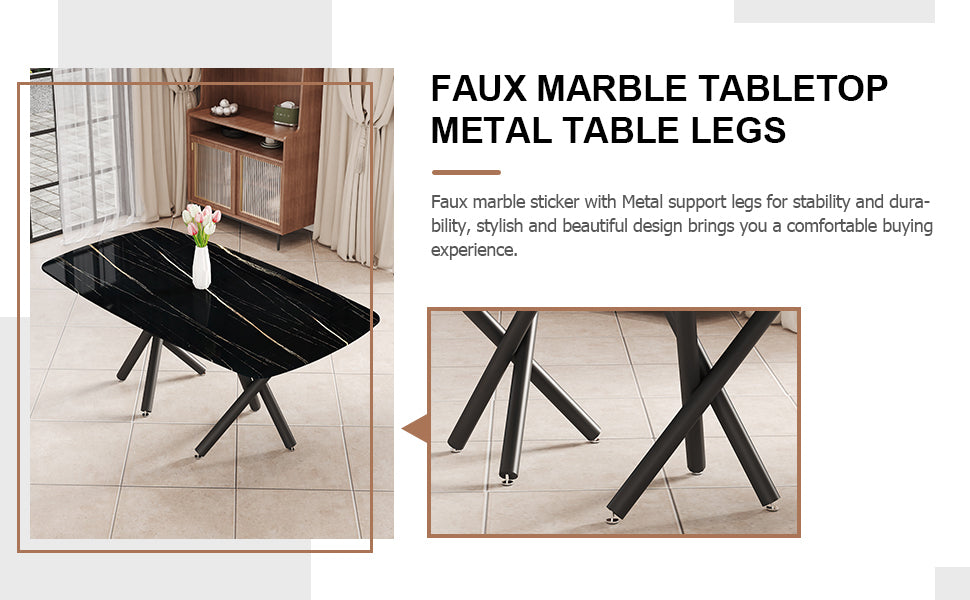 1 Table And 6 Chairs Set.A Rectangular Dining Table With A Imitation Marble Black Table Top And Black Metal Legs.Paired With 6 Chairs With Pu Leather Seat Cushion And Black Metal Legs.F 1538,C 007 Black Glass Metal