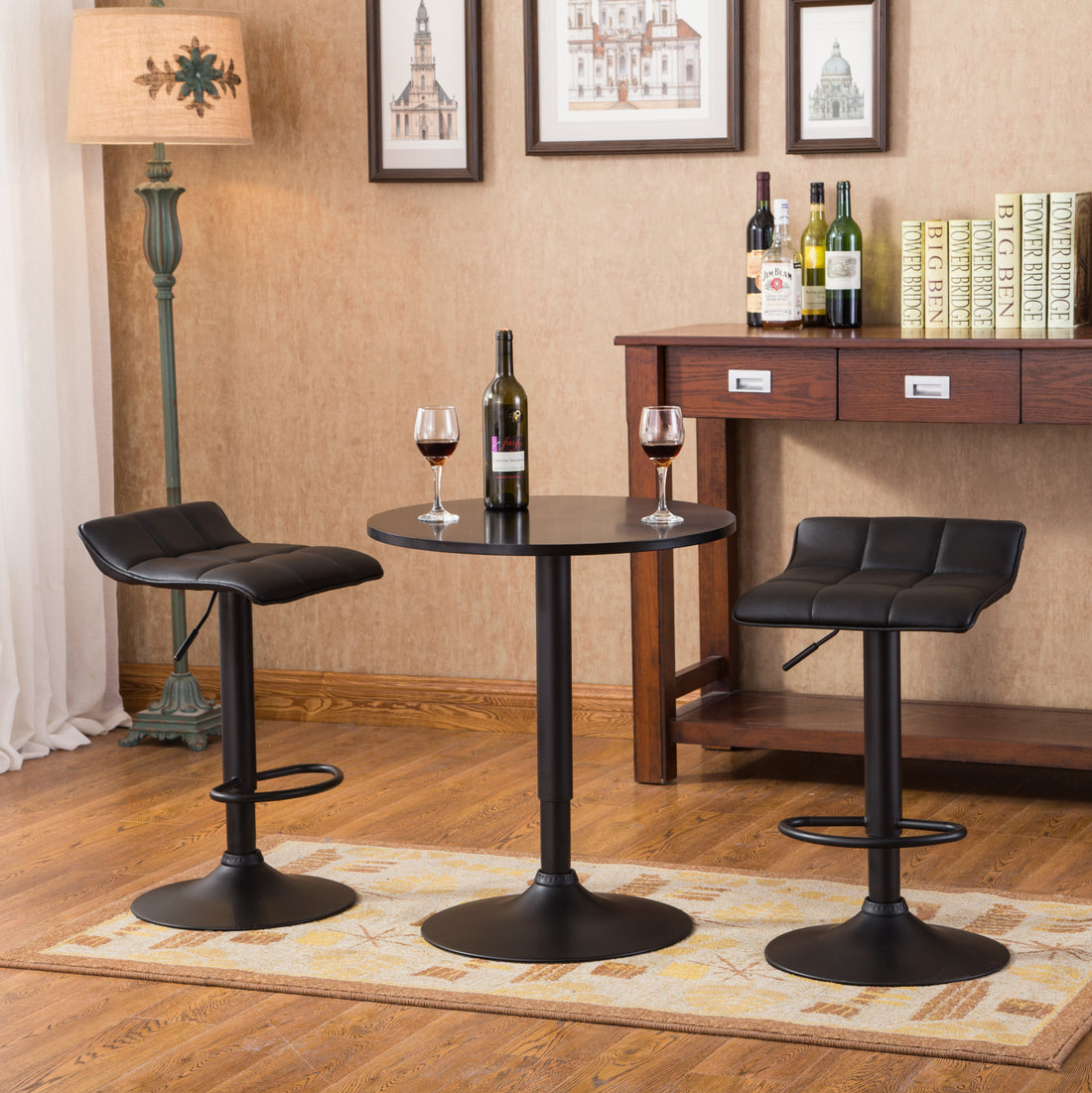 Belham Black Round Top Adjustable Height Bar Table And 2 Swivel Black Bonded Leather Adjustable Bar Stool Bar Sets Metal Wood Black Seats 2 Metal Dining Room Fixed Table Round Dining Table With Chair Mdf Metal
