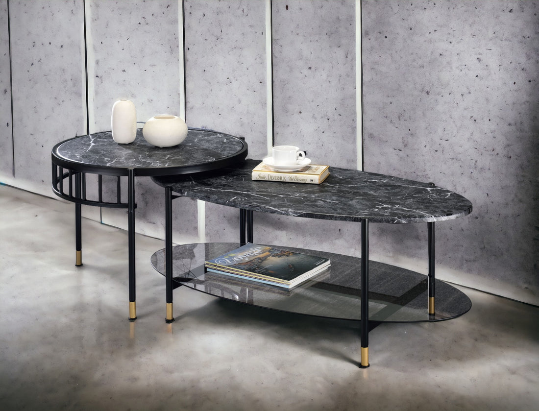 Silas Engineered Stone Top & Black Finish Nesting Table Black Faux Marble