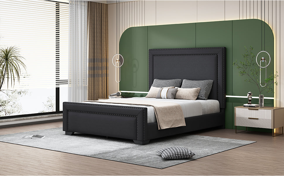 Queen Size Upholstered Bed ,Modern Upholstered Bed With Wooden Slats Support, No Box Spring Needed, Easy Assembly, Black Box Spring Not Required Queen Black Plywood