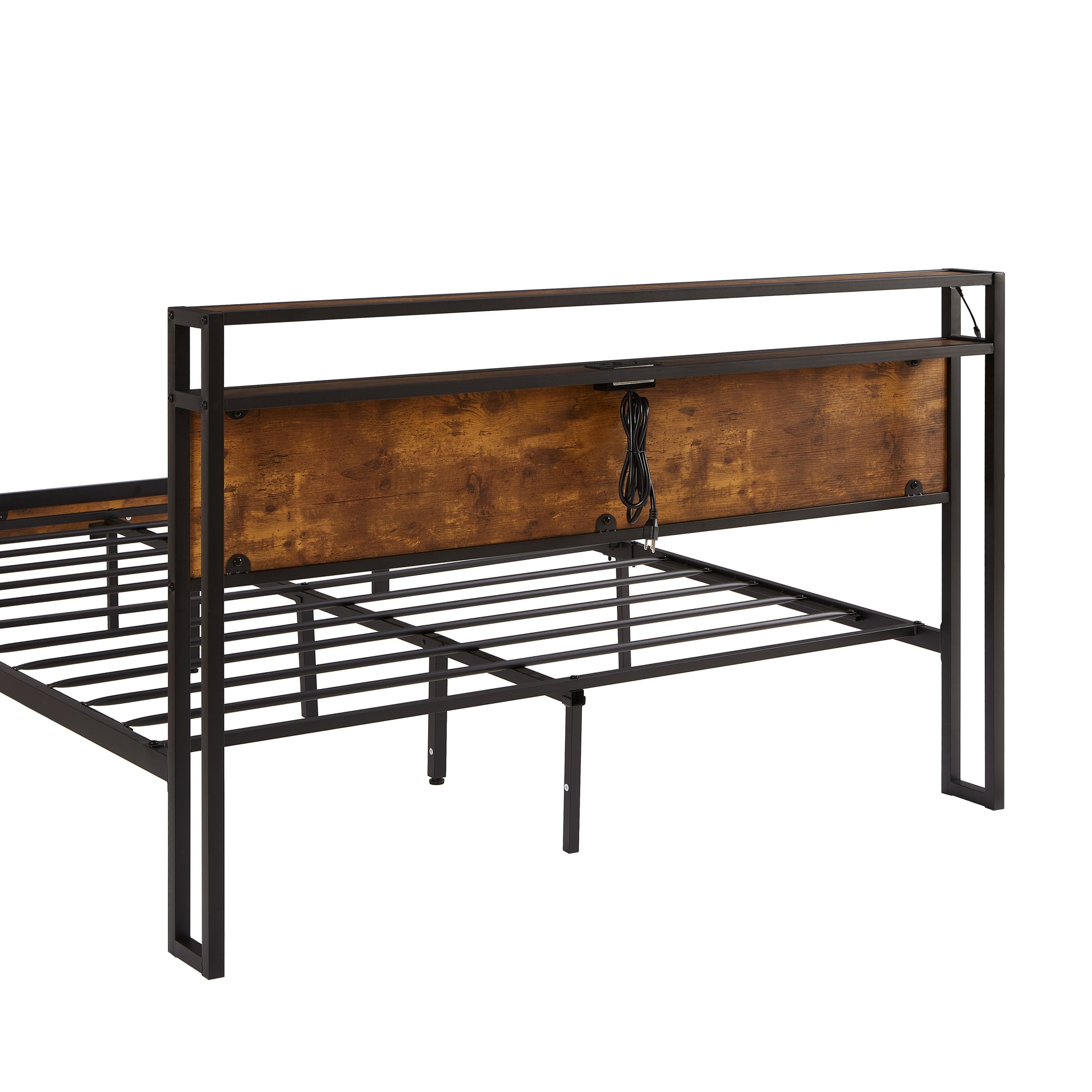 Full Size Metal Platform Bed Frame With Wooden Headboard And Footboard With Usb Liner, Led Lights, No Box Spring Needed, Large Under Bed Storage, Easy Assemble Full Black Brown Metal