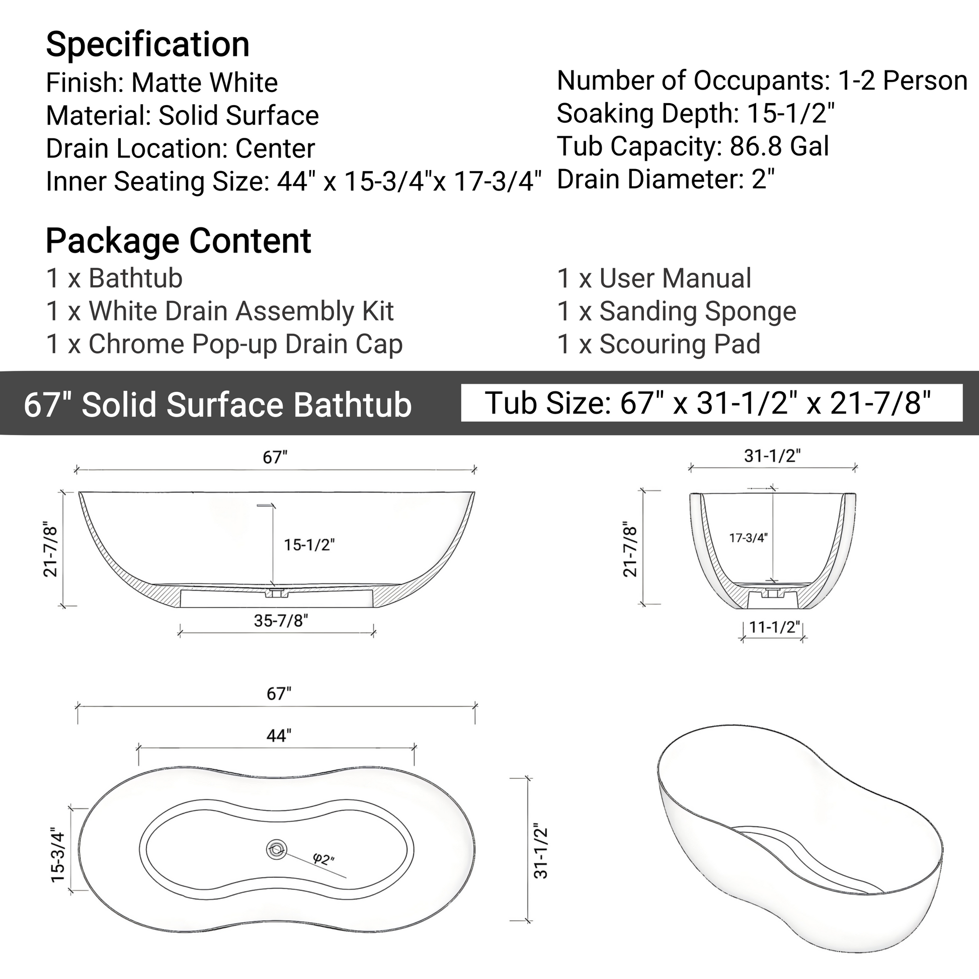 67" Freestanding Solid Surface Bathtub, Stone Resin Freestanding Bath Tub With Overflow And Pop Up Drain, Matte White 24S10 67Mw Matte White Bathroom Freestanding Tubs Solid Surface