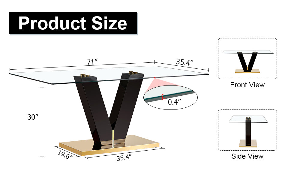 Large Modern Minimalist Rectangular Glass Dining Table For 6 8 With 0.4" Tempered Glass Tabletop And Mdf Slab V Shaped Bracket And Metal Base,For Kitchen Dining Living Meeting Room Banquet Hall F V