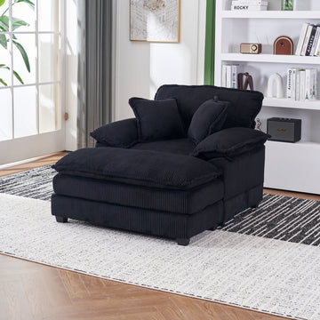 56.3 Inch Corduroy Single Sofa With 2 Toss Pillows And A Ottoman ,Comfy Sofa Deep Seat Couch For Living Room Black Foam 1 Seat