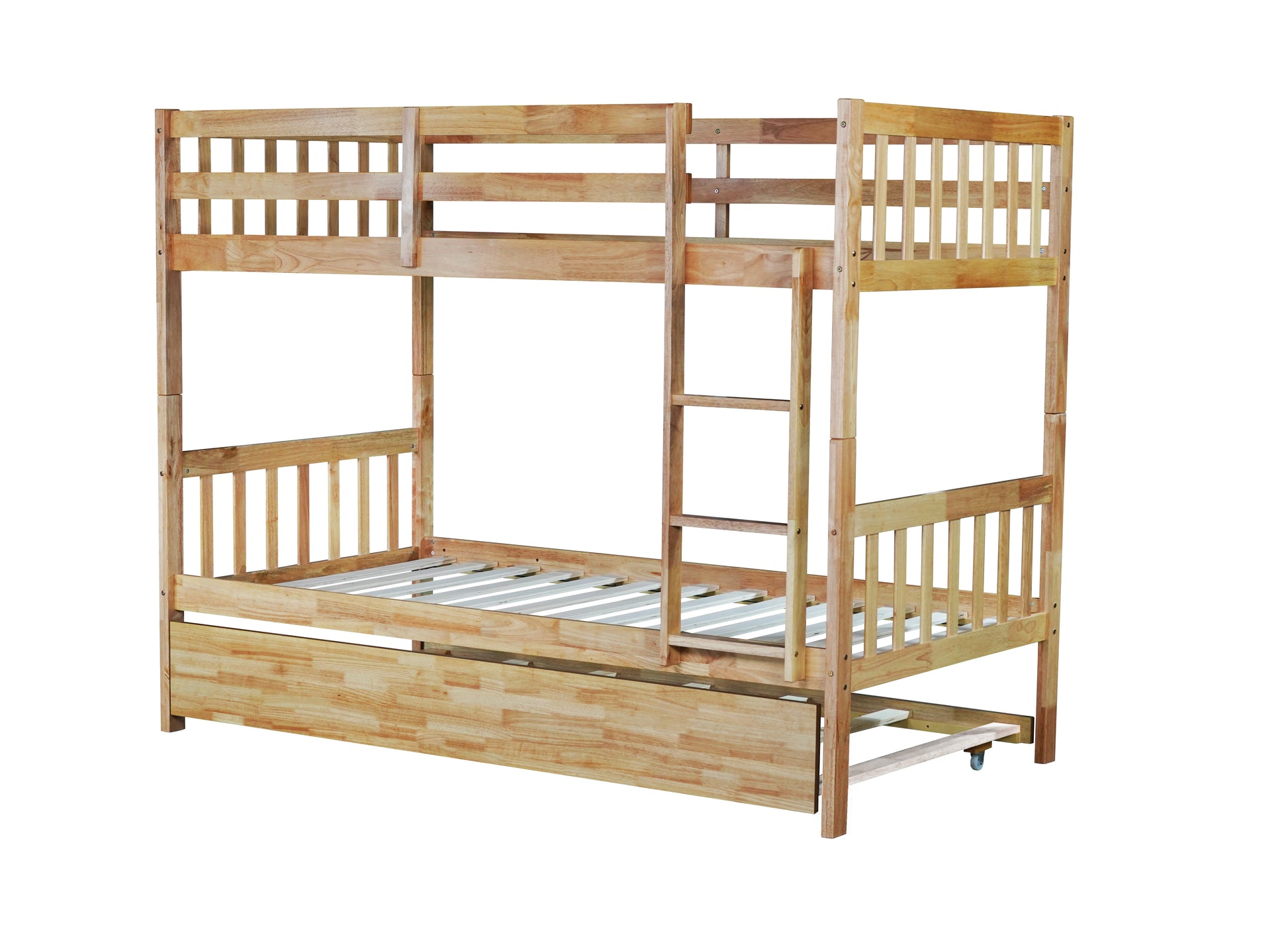 Twin Over Twin Rubber Wood Bunk Bed With Trundle, Convertible Into 2 Twin Size Beds, Twin Size Bunk Bed With Ladder And Safety Guardrails,Natural Twin Natural Rubber Wood