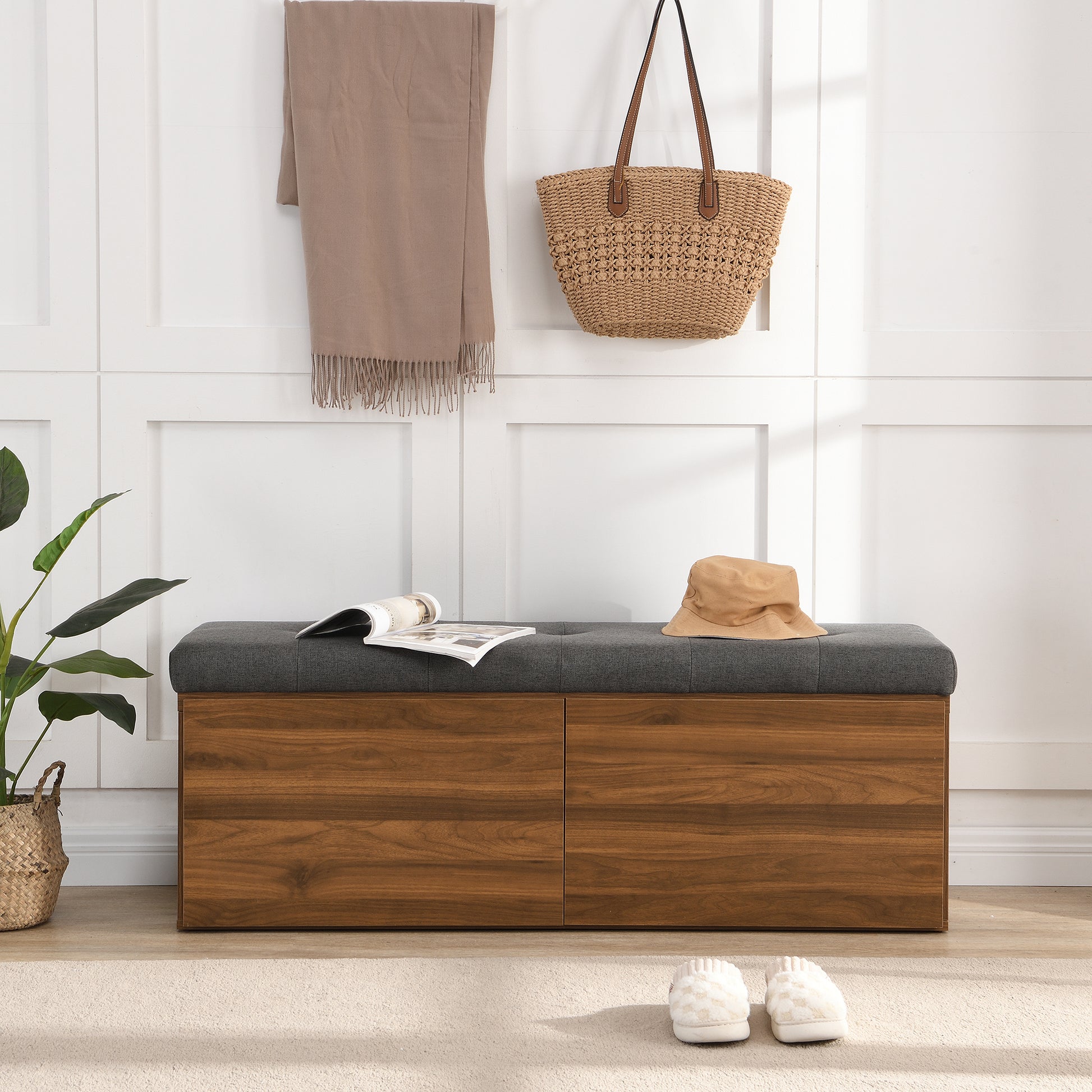 49" Shoe Storage Bench Entryway Shoe Cabinet Storage Ottoman With Padded Seat Cushion And Double Doors For Entryway, Hallway And Bedroom, Dark Grey Cushioned Dark Gray Linen Or Linen Blend Solid