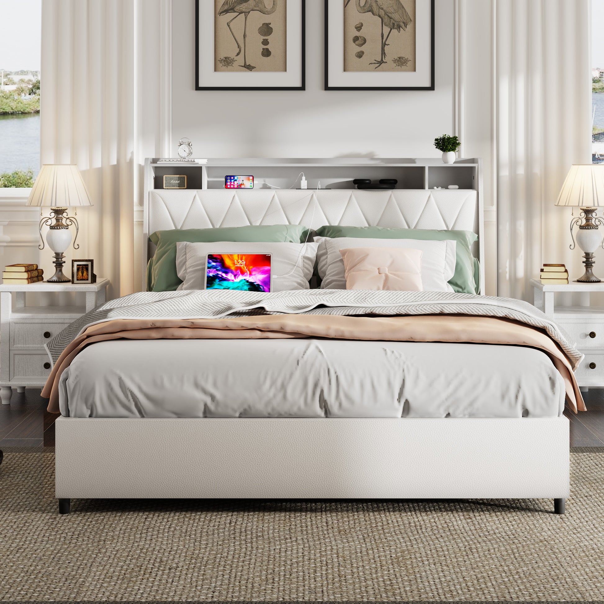 Full Size Bed Frame With Ergonomic Headboard, Full Platform Bed Frame With Outlets & Charger, Full Bed Frame With Storage Shelf, Bed Frame Full Size, Noise Free, No Box Spring Needed Box Spring Not