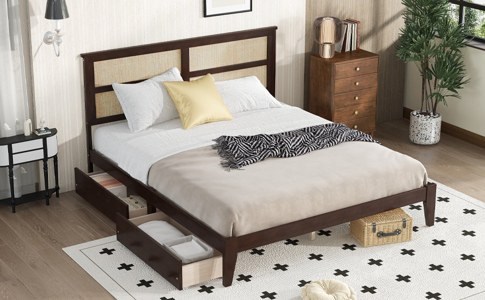King Size Bed With Rattan Headboard, Two Storage Drawers, Rubber Wood Bed With Enhanced Support Salts And Feet,Espresso King Espresso Rubber Wood