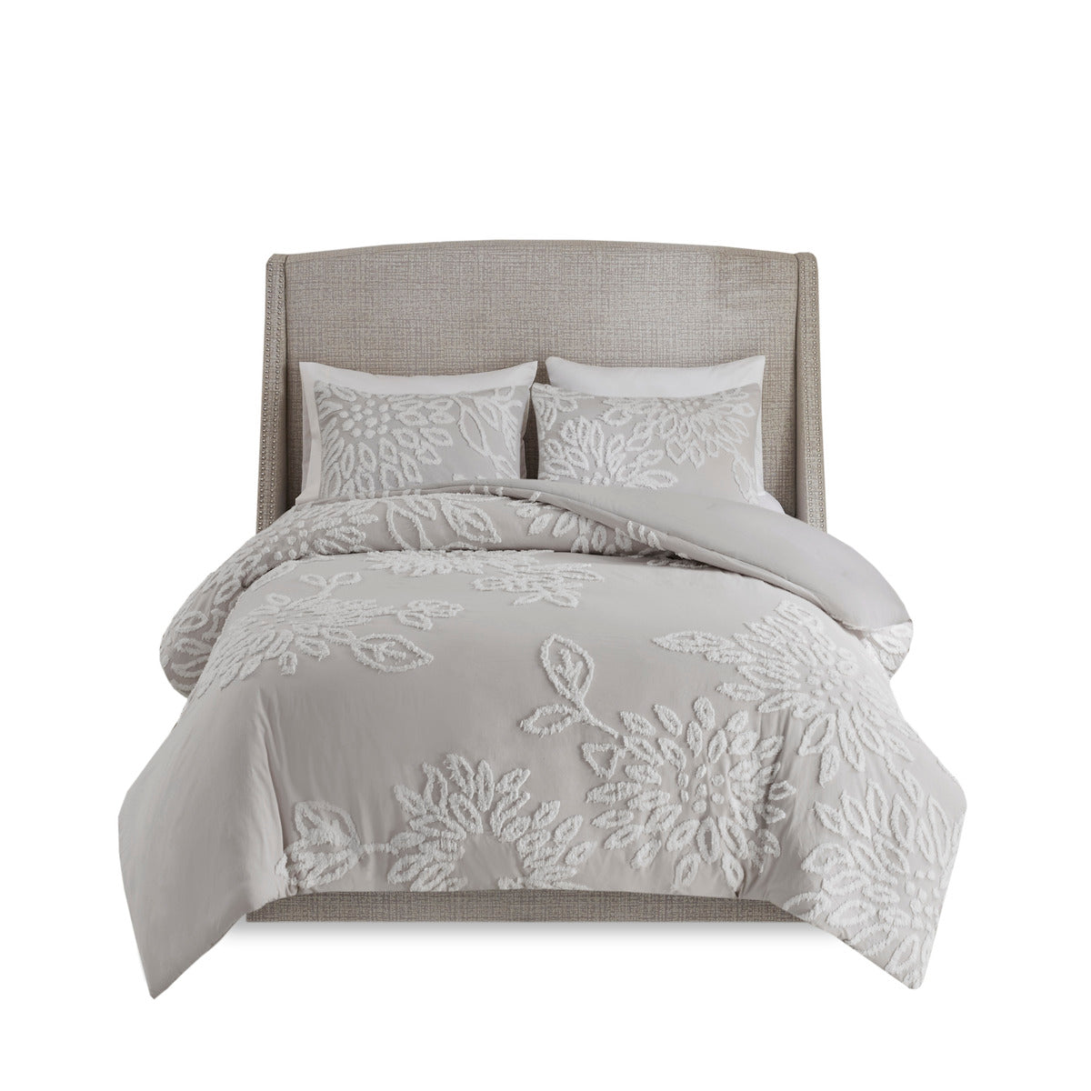 3 Piece Tufted Cotton Chenille Floral Comforter Set Warm Grey White Full Queen Full Warm Grey White Cotton