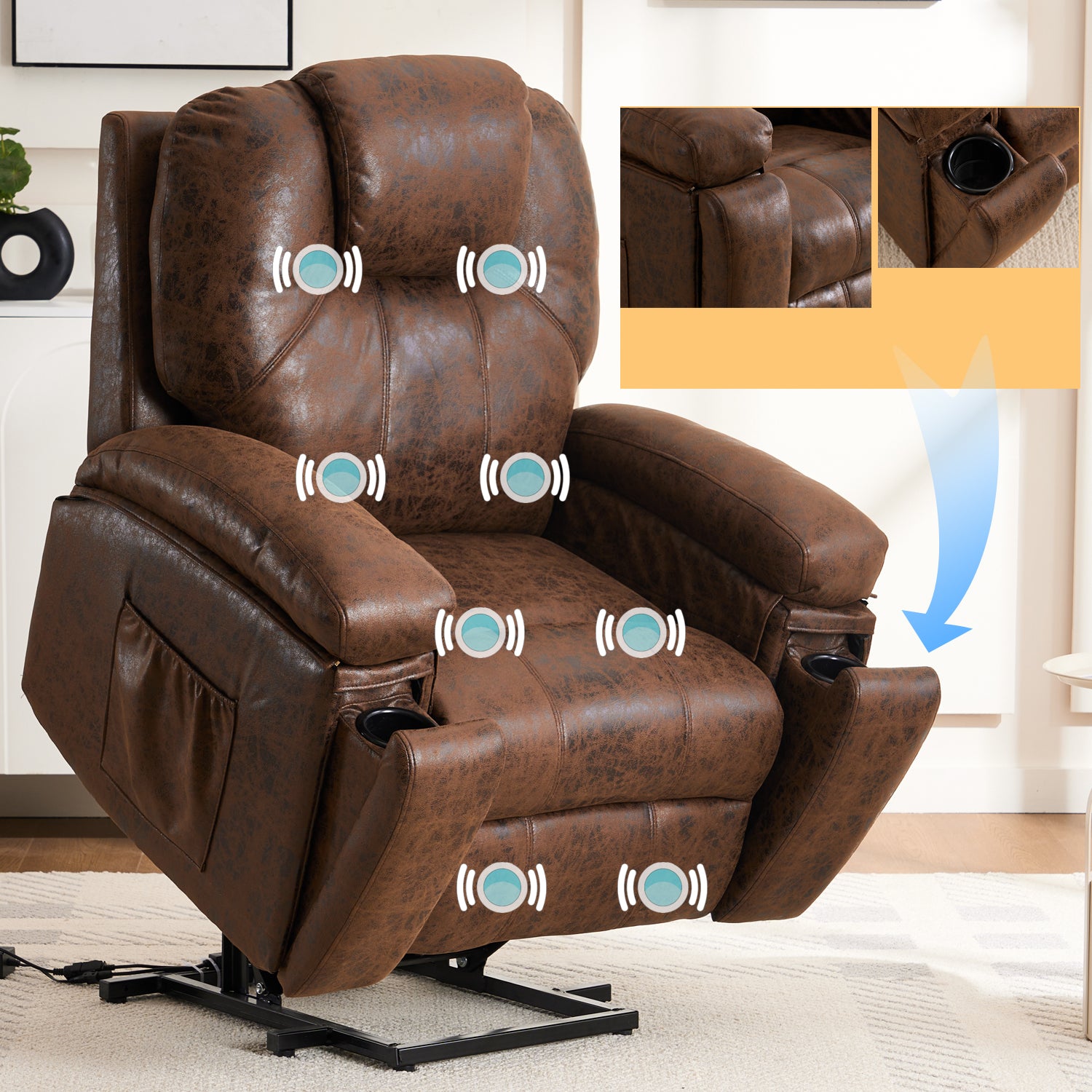 Power Lift Recliner Chair With Massage Elderly, Overstuffed Wide Recliners, Heavy Duty And Safety Motion Reclining Mechanism Brown Faux Leather