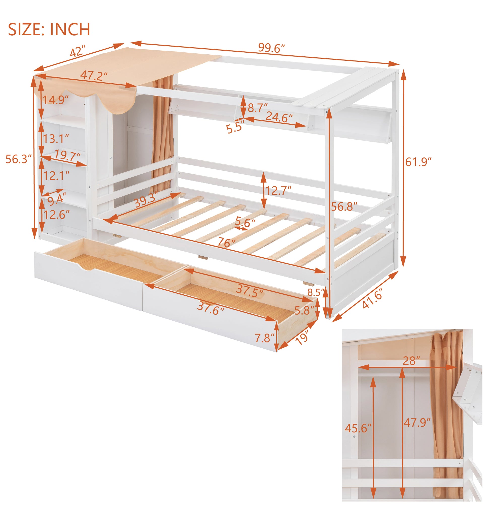 Twin Size House Bed With Two Drawers And Wardrobe,White Twin White Solid Wood