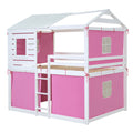 Full Size Bunk Wood House Bed With Tent, Pink White Full Pink White Solid Wood Mdf