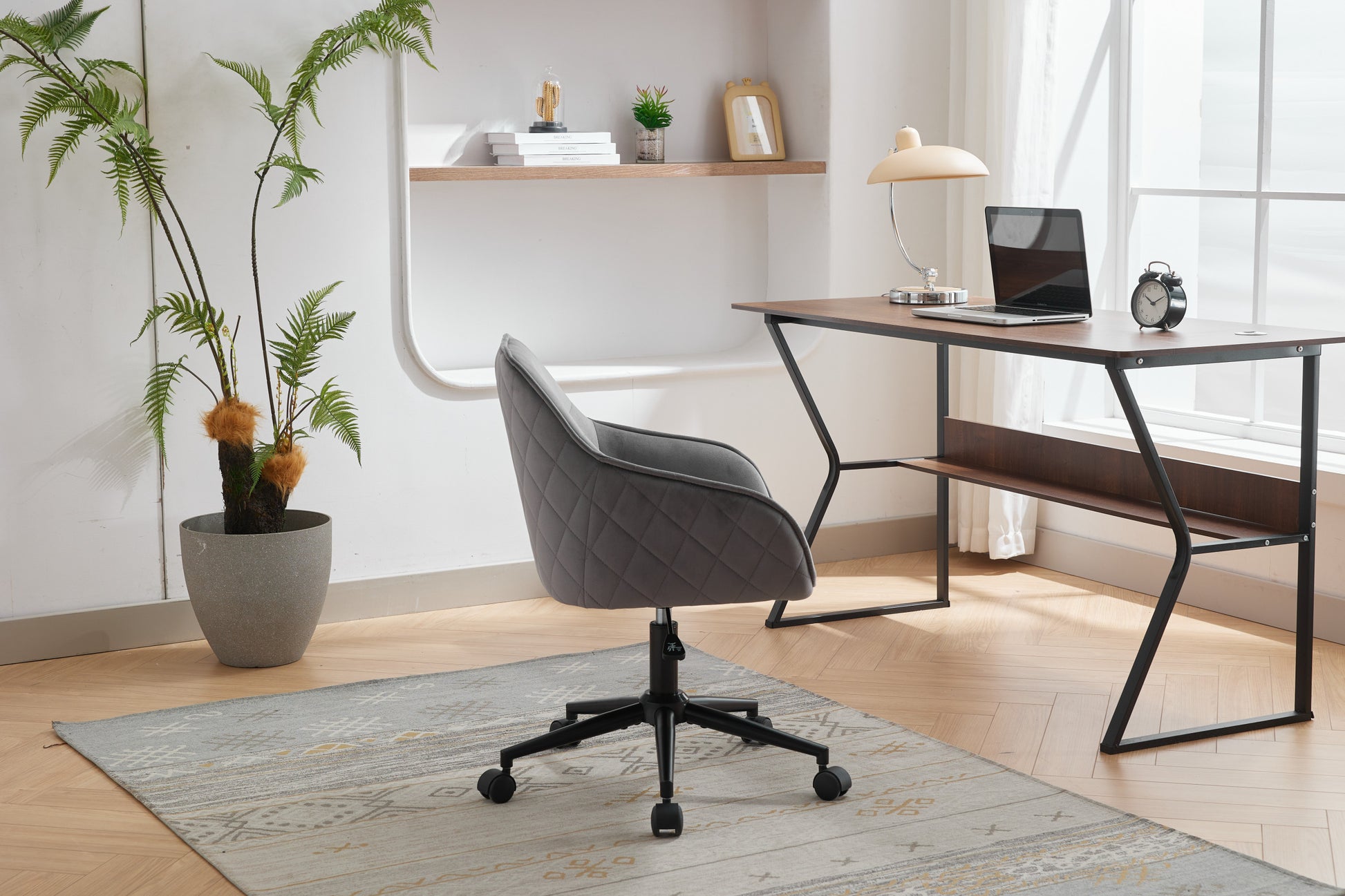 Velvet Office Desk Chair, Modern Home Desk Chair With Wheelsvanity Chairs For Living Room, Bedroom,Study Room Grey Black Foam Polyester Blend