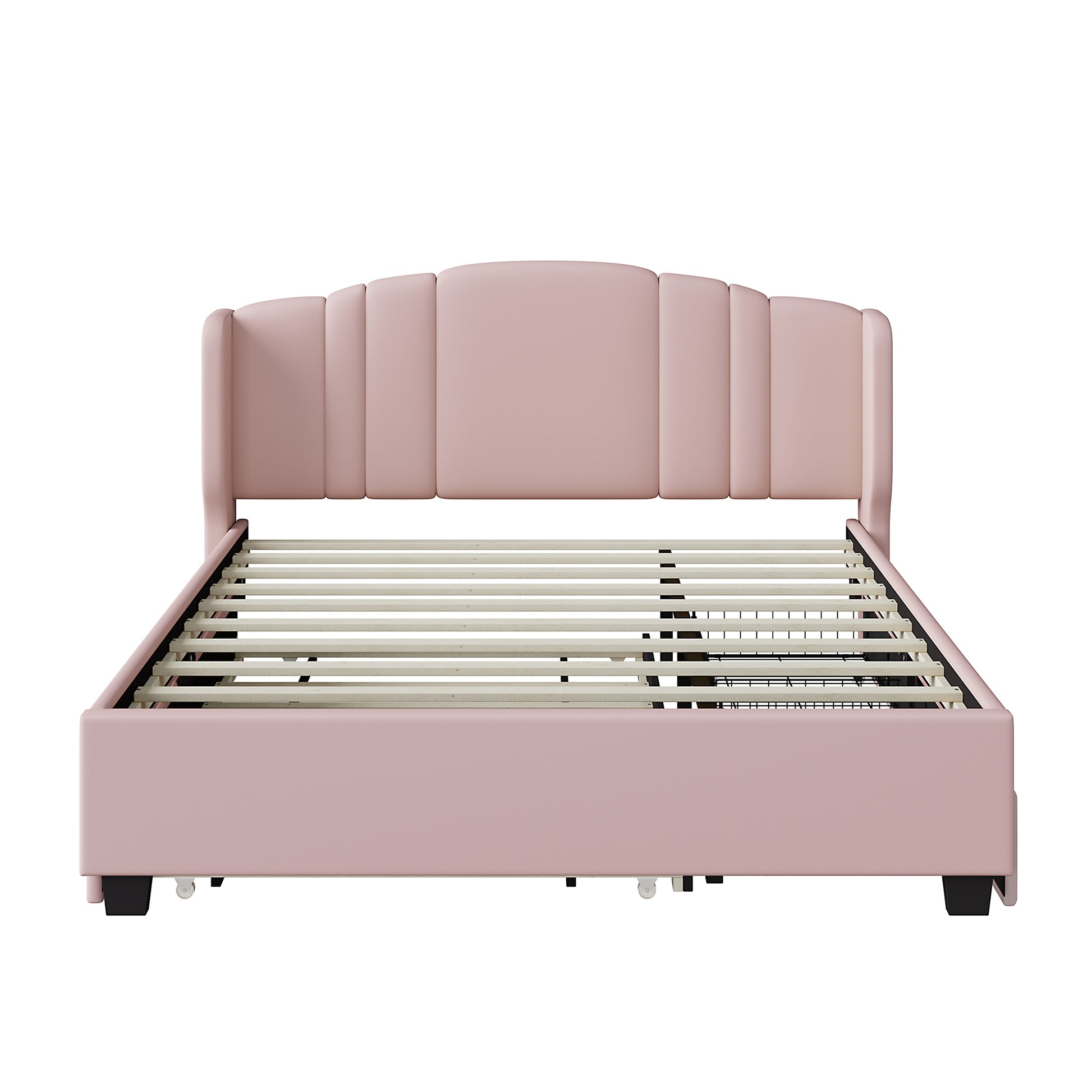 Upholstered Platform Bed With Wingback Headboard, One Twin Trundle And 2 Drawers, No Box Spring Needed, Linen Fabric, Queen Size, Pink Pink Linen
