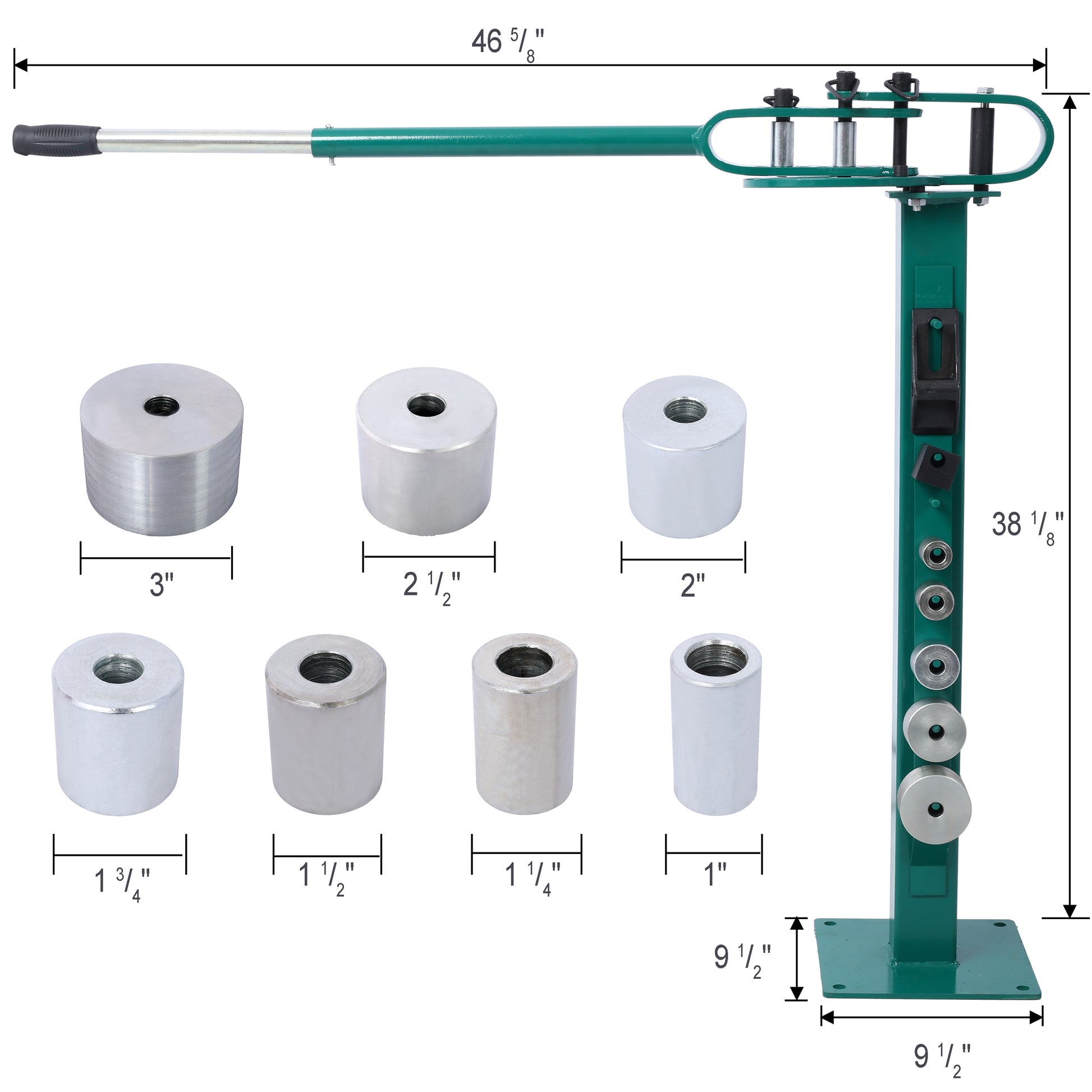 Pedestal Floor Compact Bender 7 Dies Versatile Compact Metal Tubing Bender 44' Mount Powdercoat Telescoping Handle Maximum 5 8" Thick 1 15 16" Width Green Steel