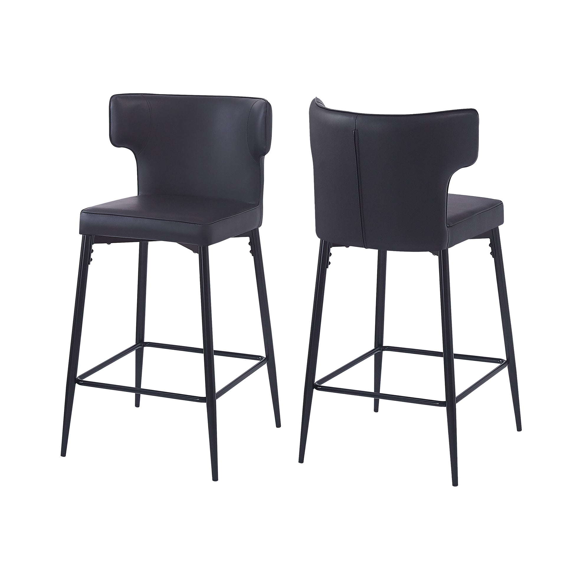 28Inch Counter Height Bar Stools Set Of 2, Modern Bar Upholstered Chairs With Pu Leather, Metal Footrest And Frame For Kitchen Island, Bar Table, Dining Room, Black Solid Kitchen Solid Back Set Of 2