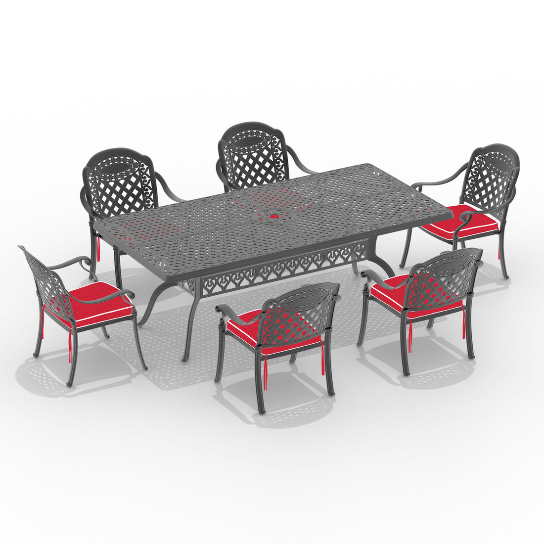 Cushions In Random Colors 7 Piece Set Of Cast Aluminum Patio Furniture With Cushions Yes Dining Set Black Seats 6 Rust Resistant Frame Water Resistant Cushion Garden & Outdoor Aluminium