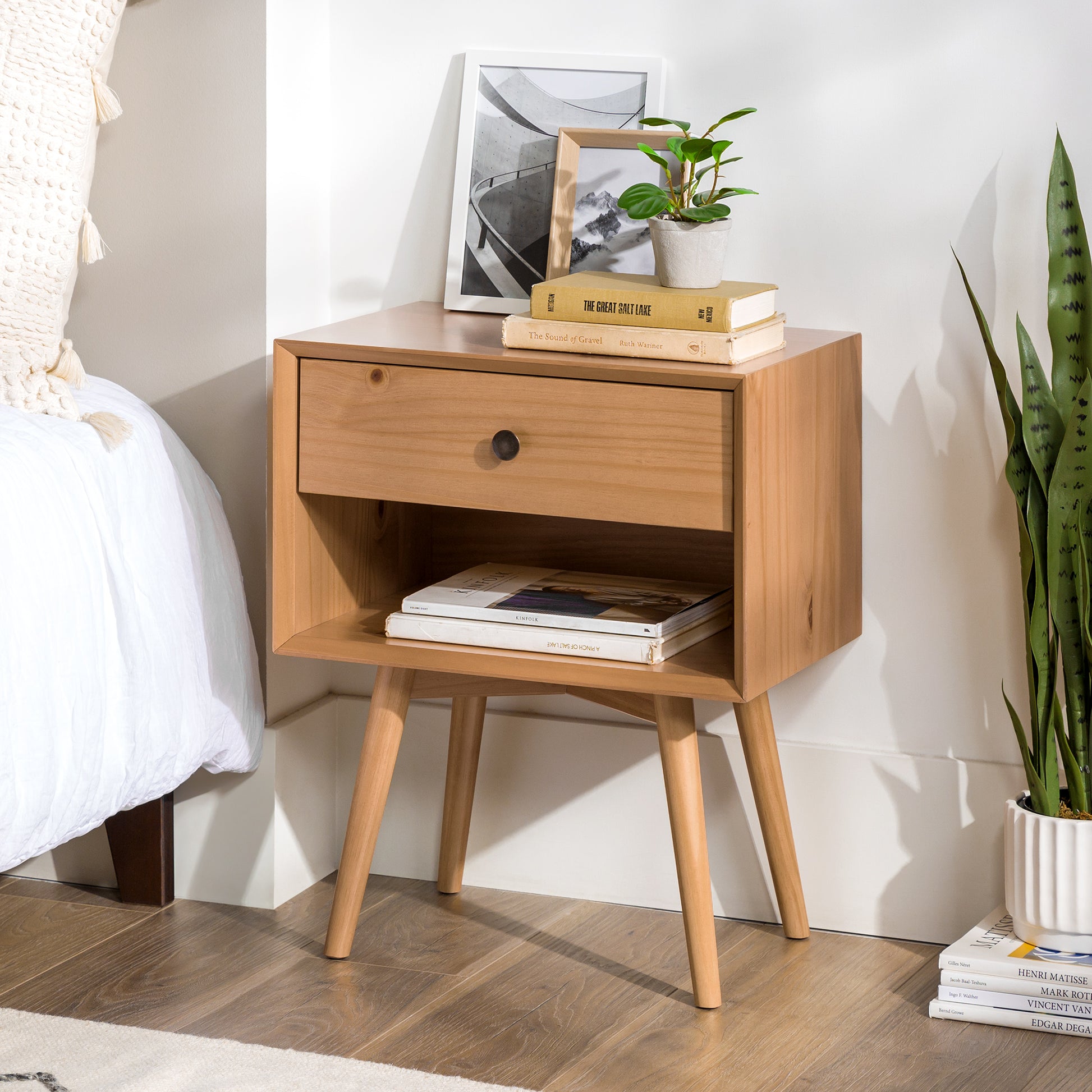 Mid Century Solid Wood 1 Drawer Nightstand Natural Pine Natural Wood Pine