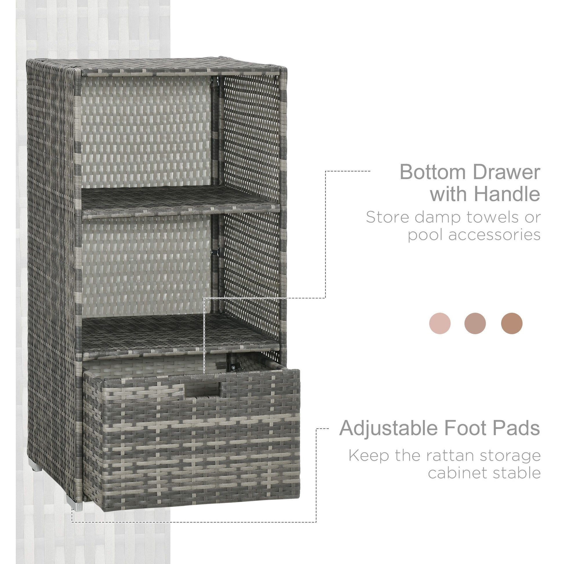 Outsunny Valet Pool Towel Rack, Waterproof Pe Plastic Rattan Wicker Storage Organizer, Indoor Outdoor Spa, And Hot Tub Accessory Storage, 2 Shelves, 1 Basket Drawer, Gray Grey Rattan