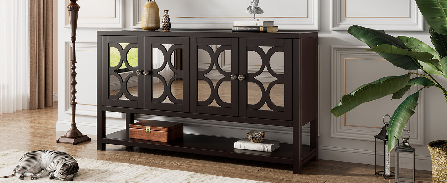 Elegant Retro Console Table Storage Cabinet Sideboard With Mirrored Doors, Spacious Shelves, And Durable Acacia Wood Legs Perfect For Living Room, Dining Room, Or Entryway Espresso Espresso Primary Living Space Solid Wood Mdf