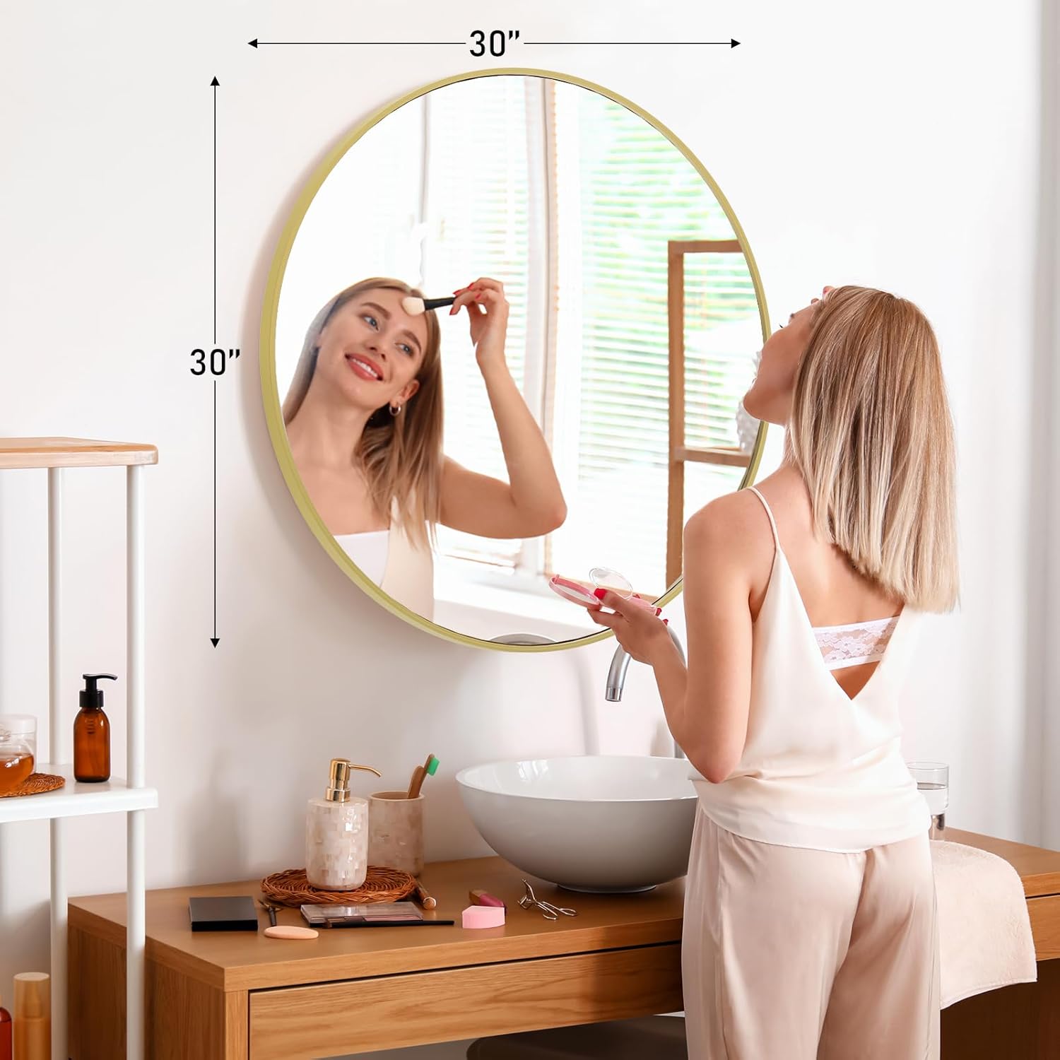 Gold 20 Inch Circle Mirror, Wall Mounted Mirror, Bathroom Mirrors For Over Sink, Circle Framed Mirrors For Bathroom, Living Room, Bedroom, Vanity, Entryway, Hallway Silver Aluminium