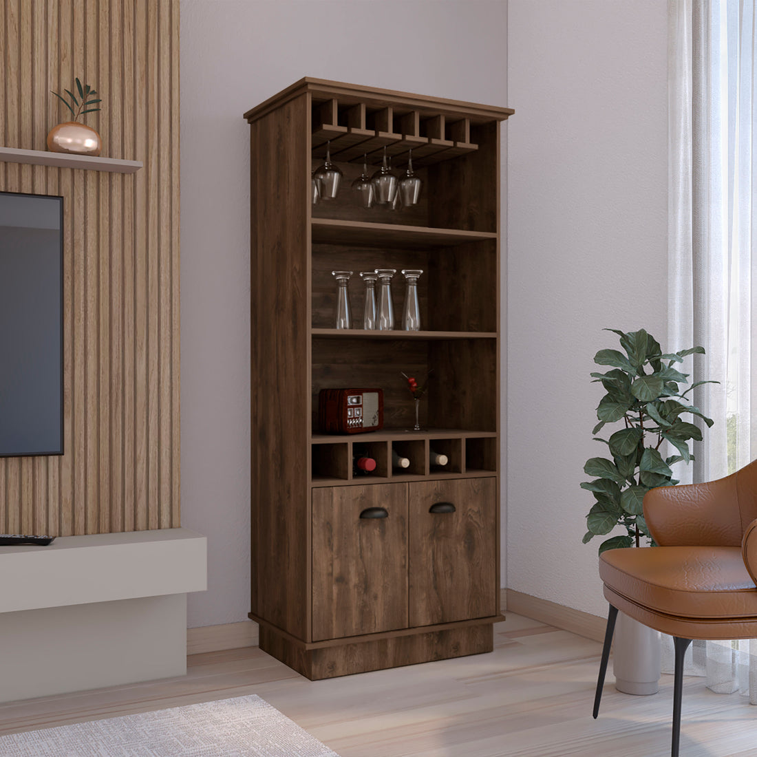 Bar Cabinet With Wine Rack 70"H, Upper Glass Cabinet, Three Open Storage Shelves And One Cabinet,Dark Brown Dark Brown Solid Wood Mdf Engineered Wood