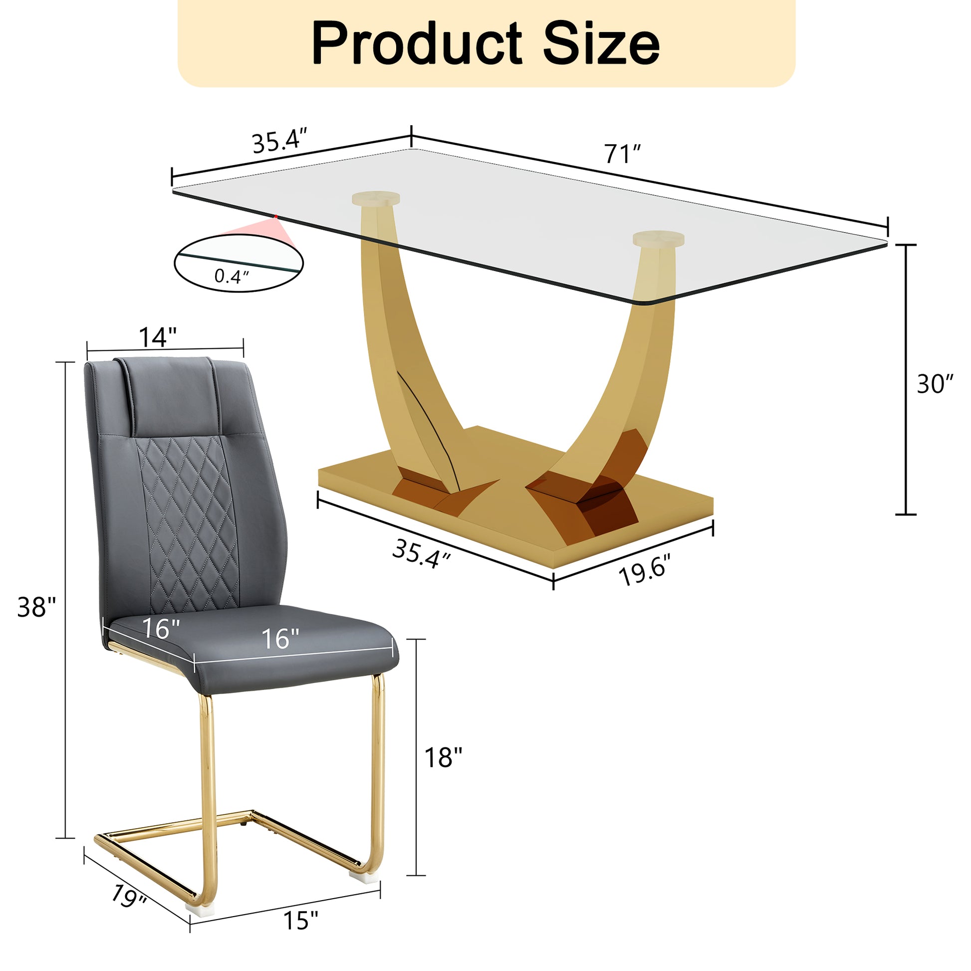 Table And Chair Set.Modern Rectangular Dining Table With Transparent Tempered Glass Tabletop And Gold Plated Metal Legs.Paried With 6 Comfortable Chairs With Pu Seats And Golden Metal Legs. Grey Gold,Transparent Seats 6 Glass Metal