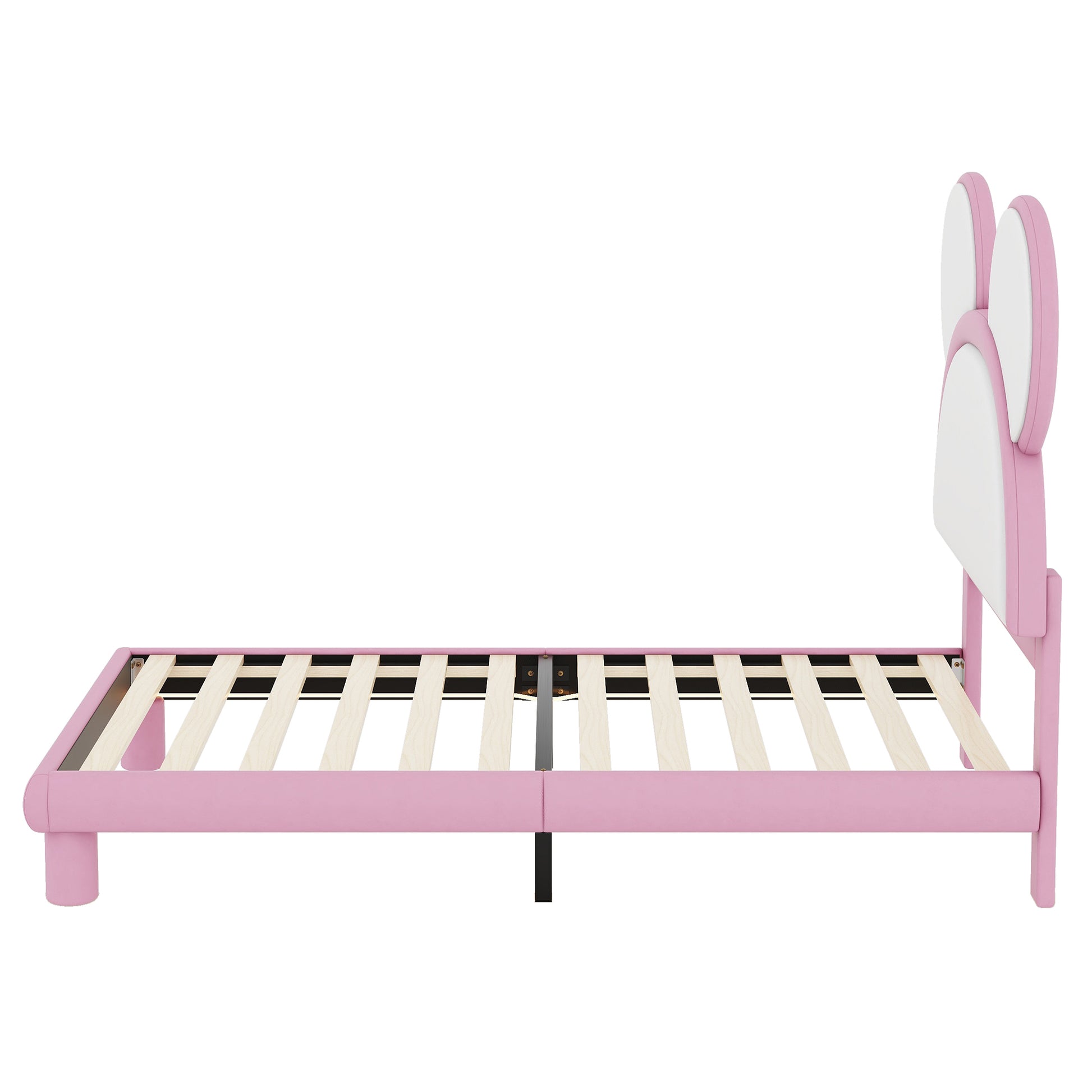 Twin Size Upholstered Platform Bed With Cartoon Ears Shaped Headboard And Led, White&Pink Box Spring Not Required Twin White Pink Bedroom Bed Frame Faux Leather Upholstered