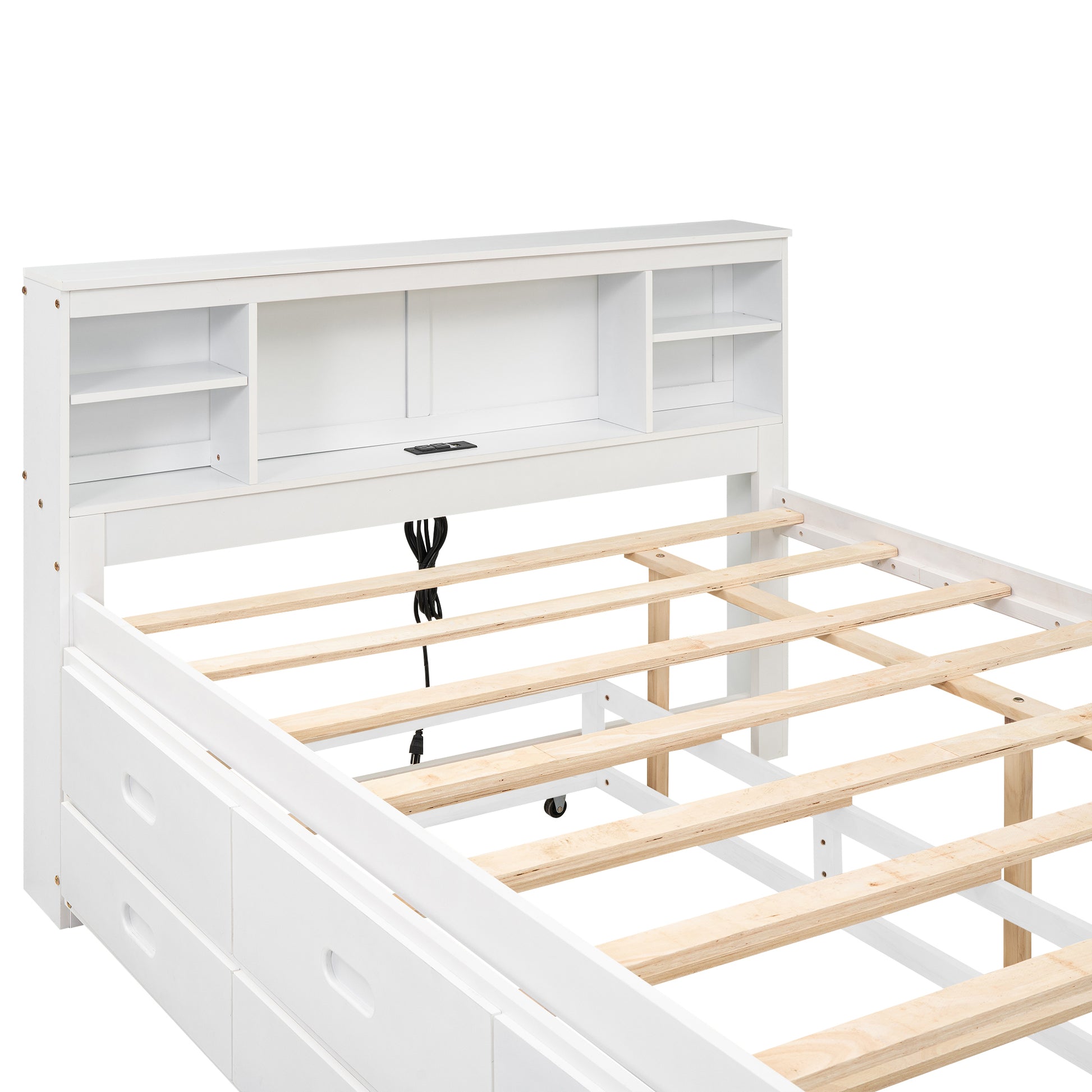 Full Size Platform Bed With Storage Headboard, Usb, Twin Size Trundle And 3 Drawers, White Box Spring Not Required Full White Wood Bedroom Bed Frame Solid Wood Mdf