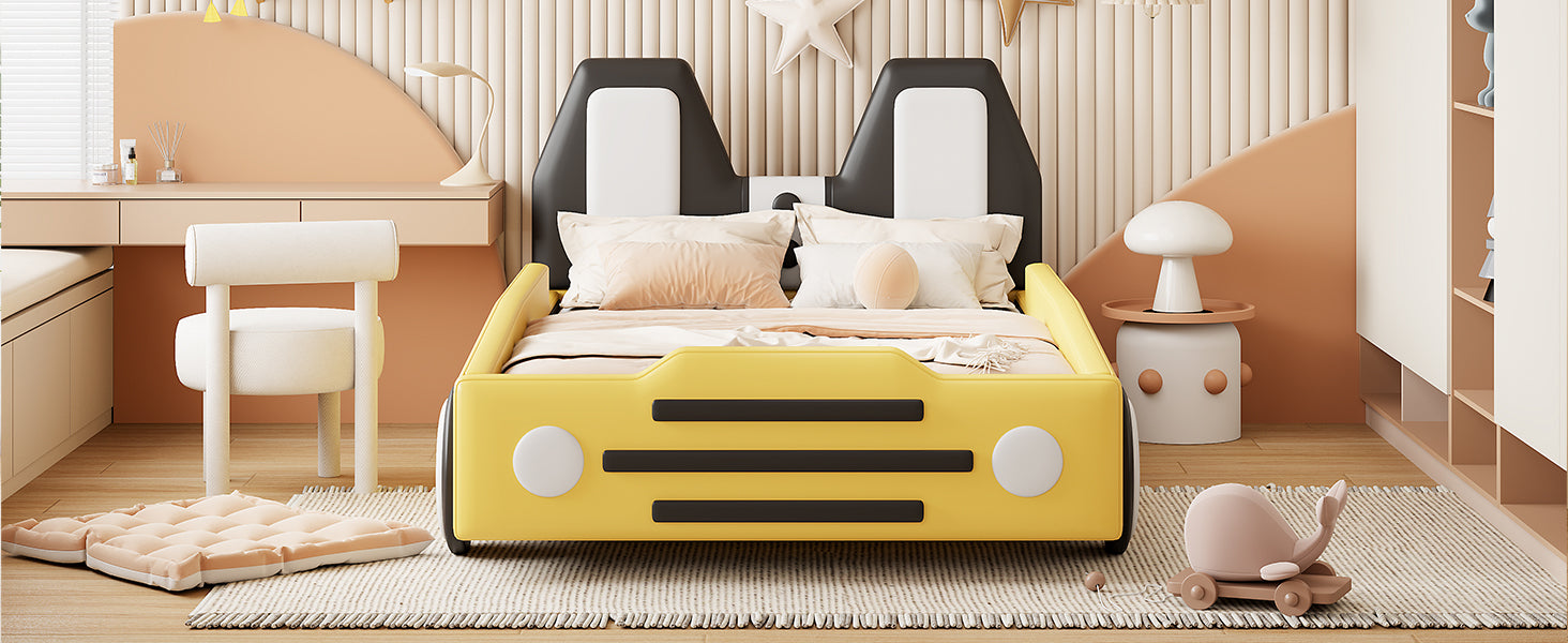 Twin Size Race Car Shaped Platform Bed With Wheels,Yellow Yellow Pu Leather